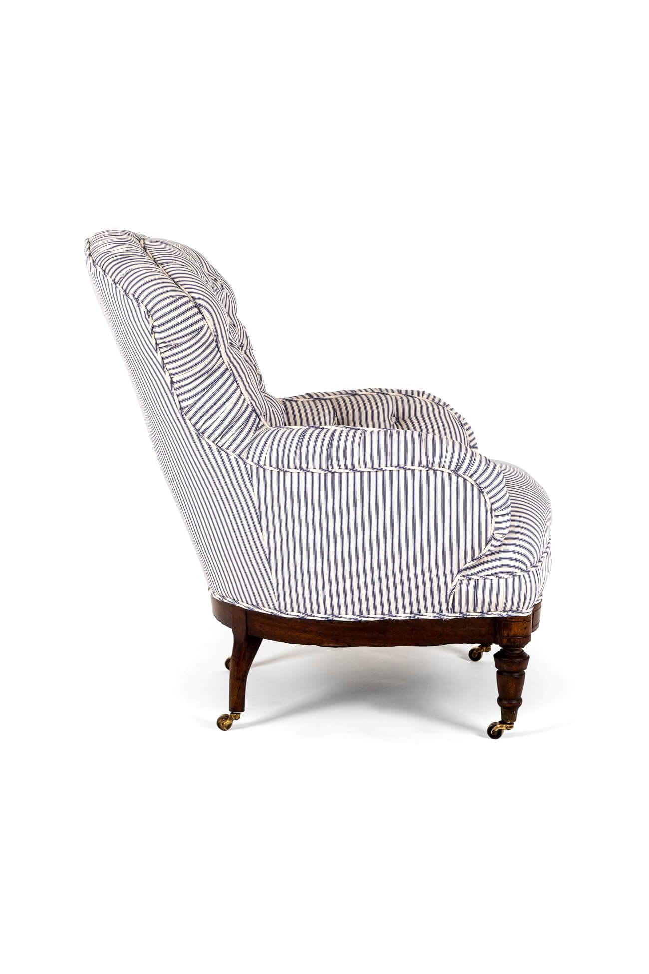 English Overstuffed Victorian Armchair with Blue Stripe Ticking In Good Condition For Sale In Faversham, GB