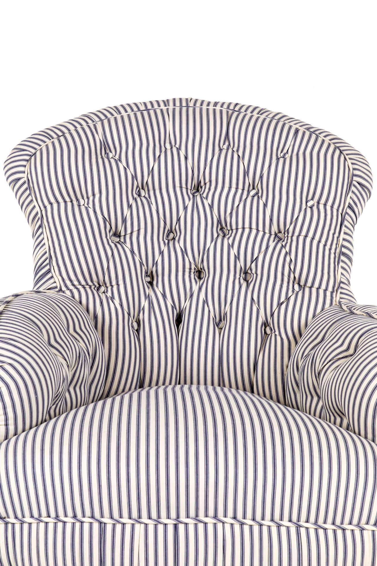 19th Century English Overstuffed Victorian Armchair with Blue Stripe Ticking For Sale