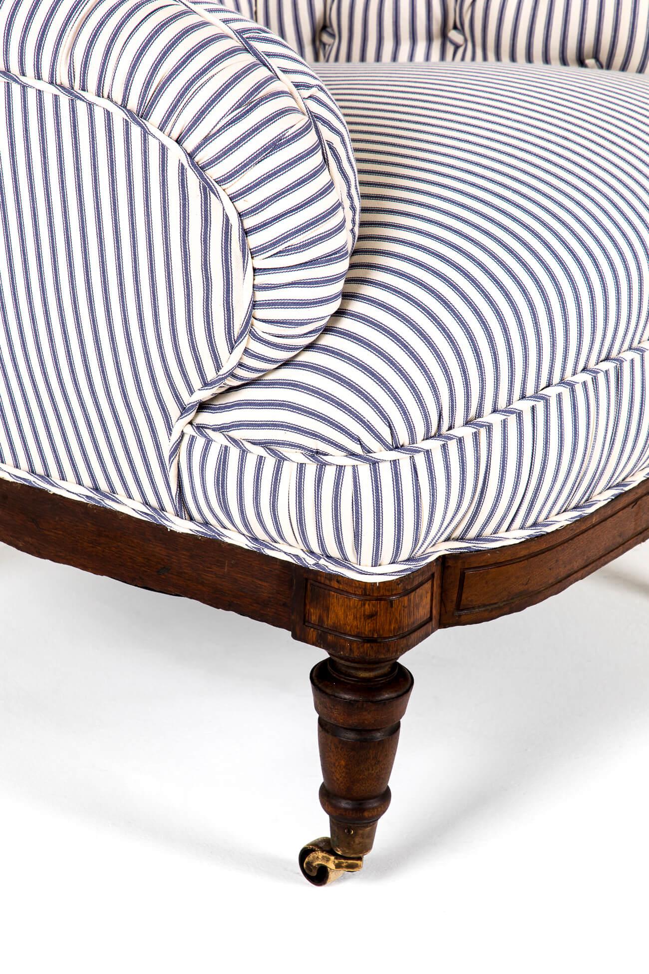 Brass English Overstuffed Victorian Armchair with Blue Stripe Ticking For Sale