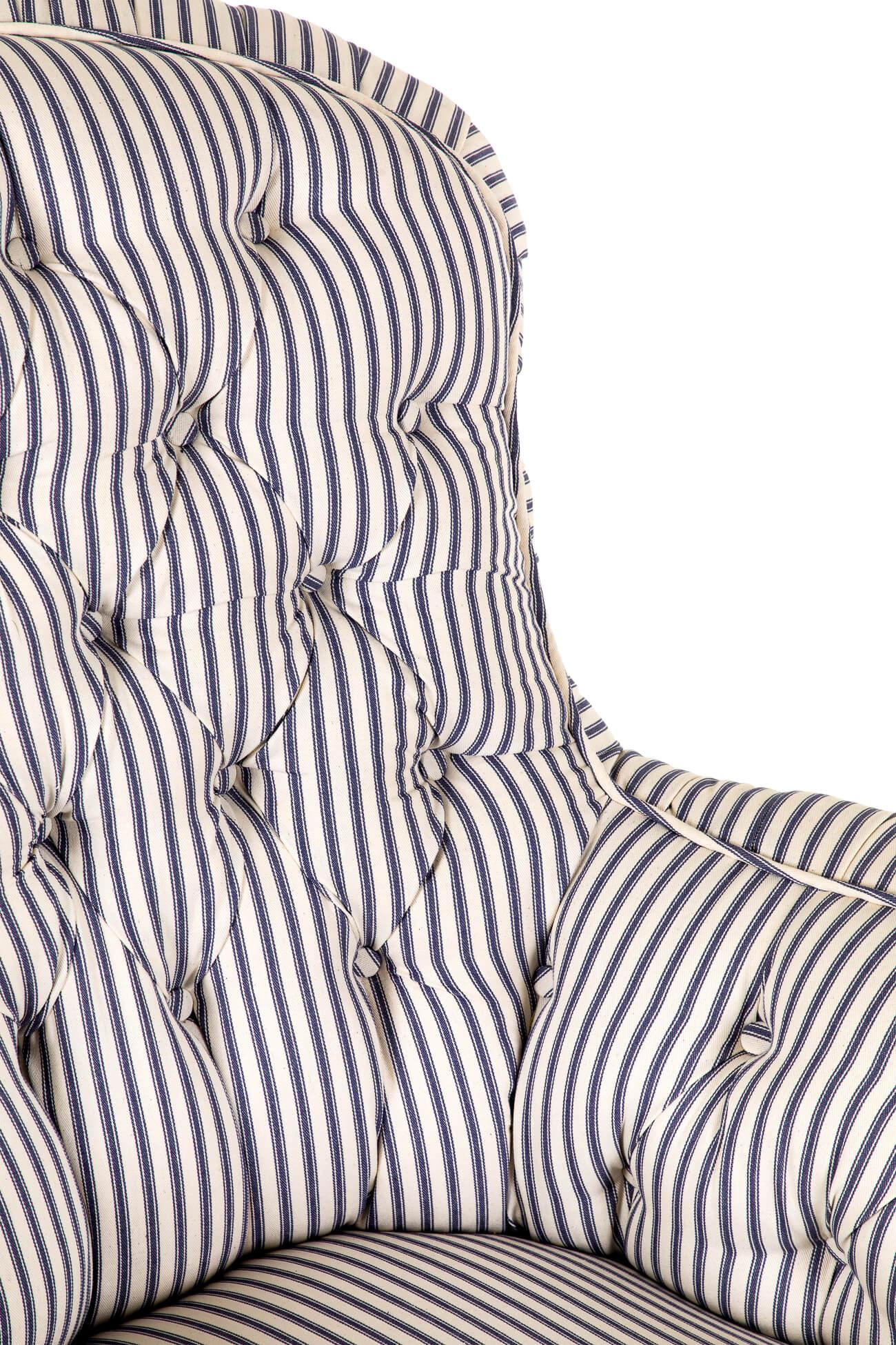 English Overstuffed Victorian Armchair with Blue Stripe Ticking For Sale 2