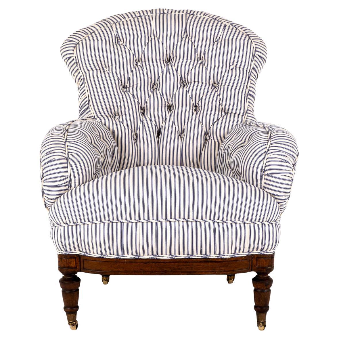 English Overstuffed Victorian Armchair with Blue Stripe Ticking For Sale