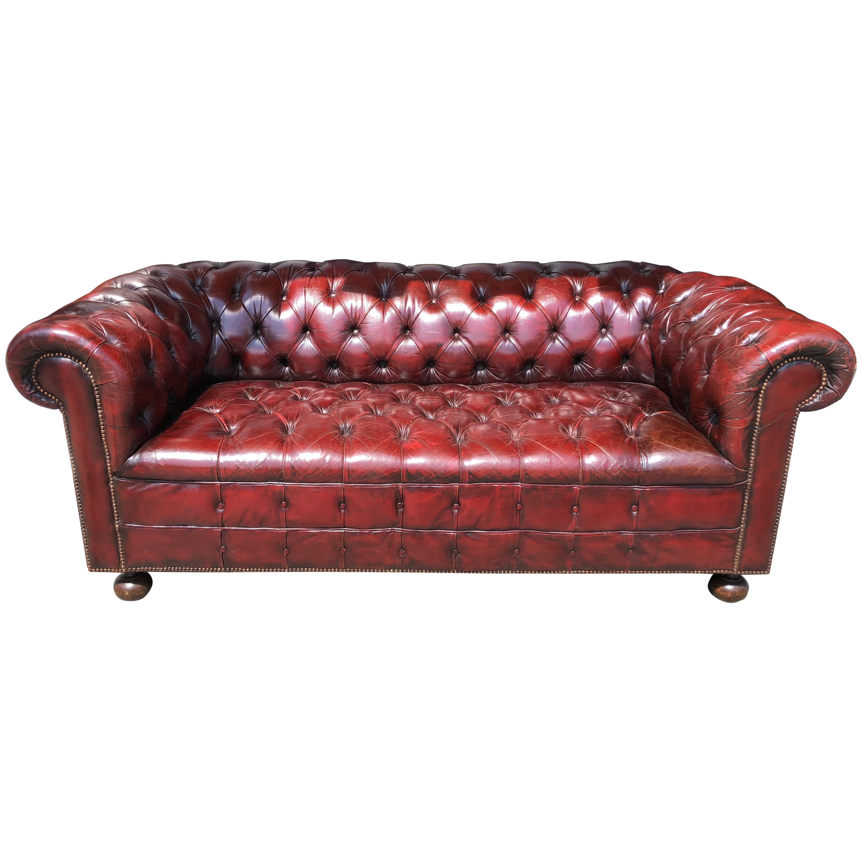 English Oxblood Leather Tufted Chesterfield Sofa at 1stDibs