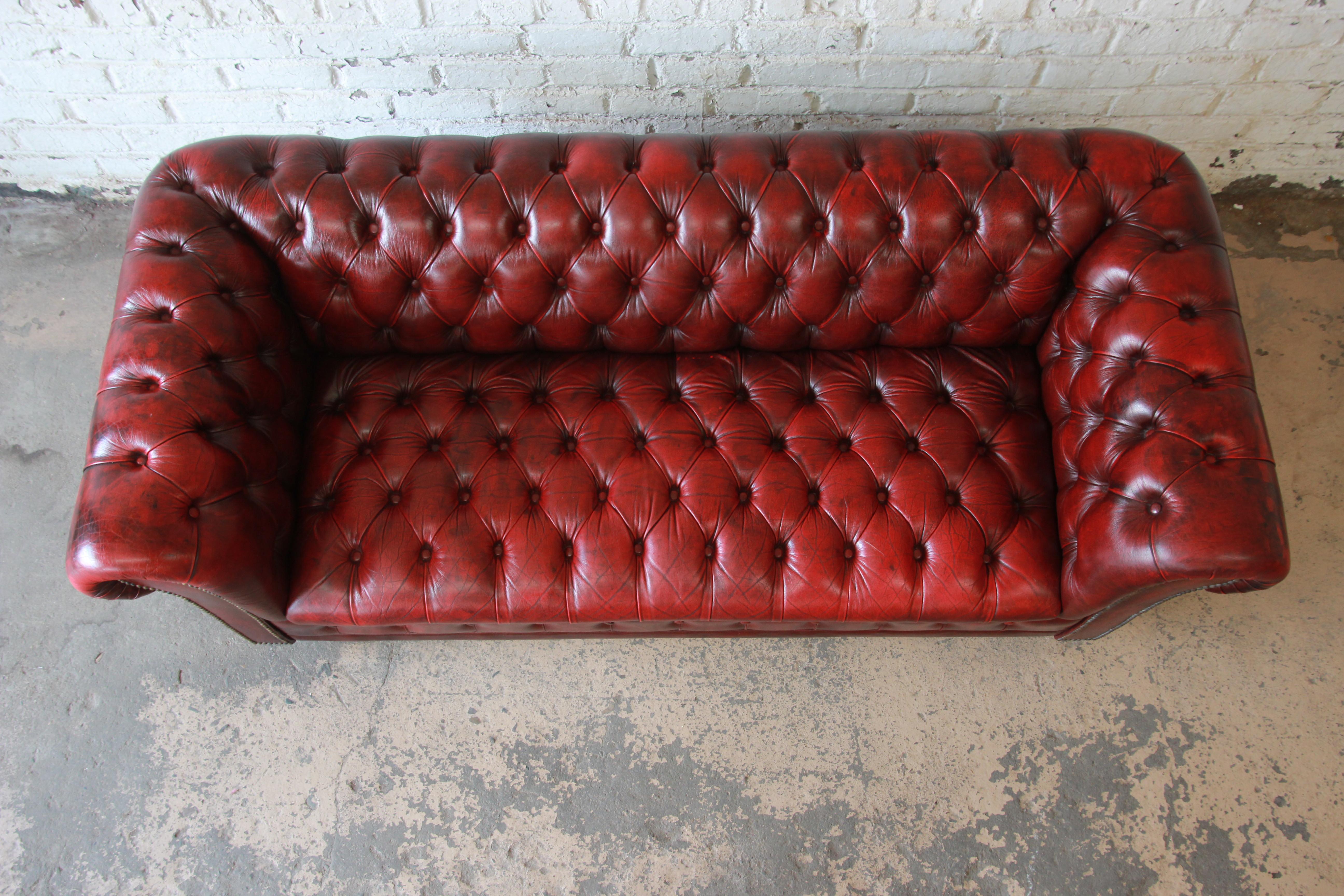 English Oxblood Tufted Leather Chesterfield Sofa 1
