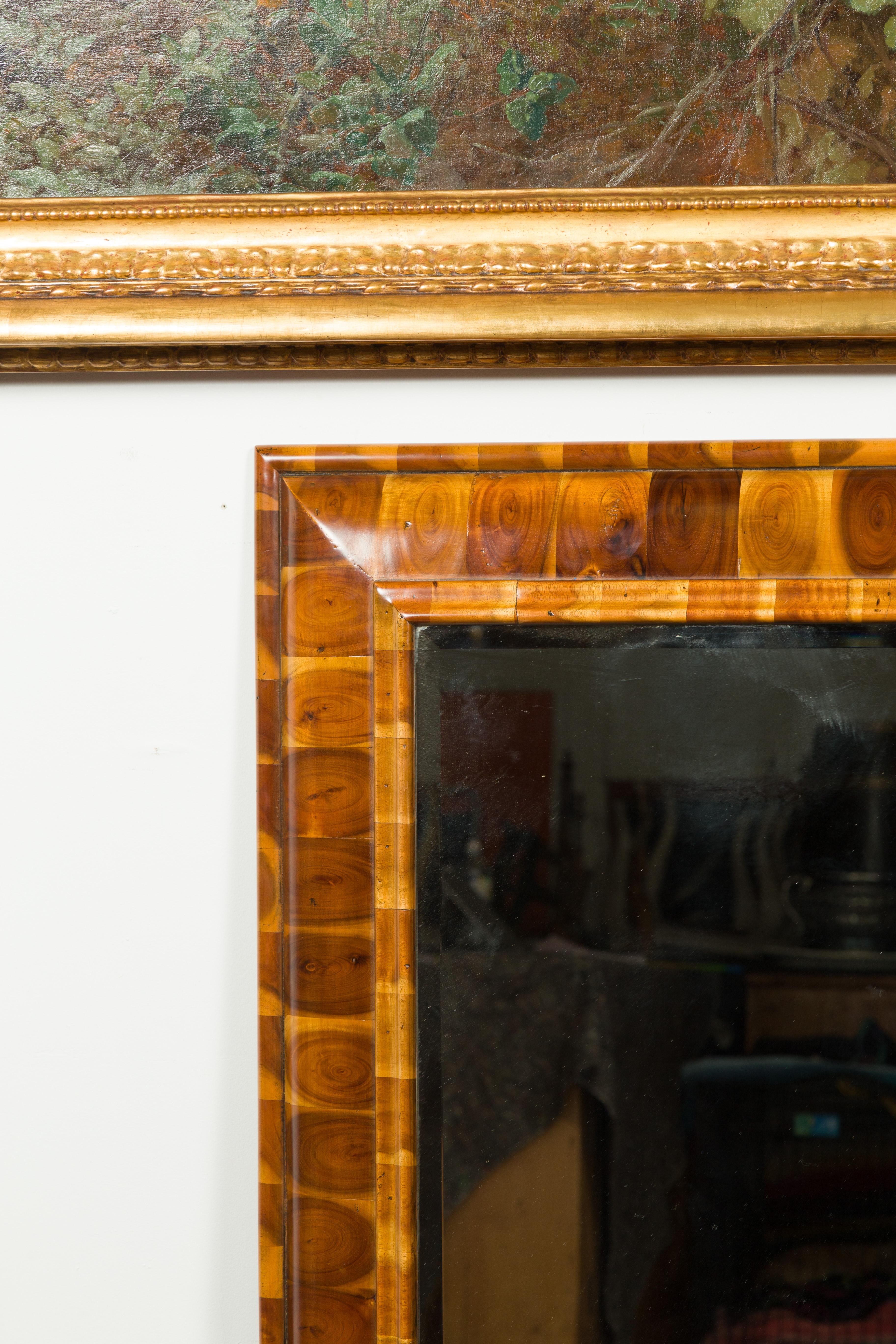 English Oyster Veneer Wooden Mirror from the 20th Century, with Clear Plate 4