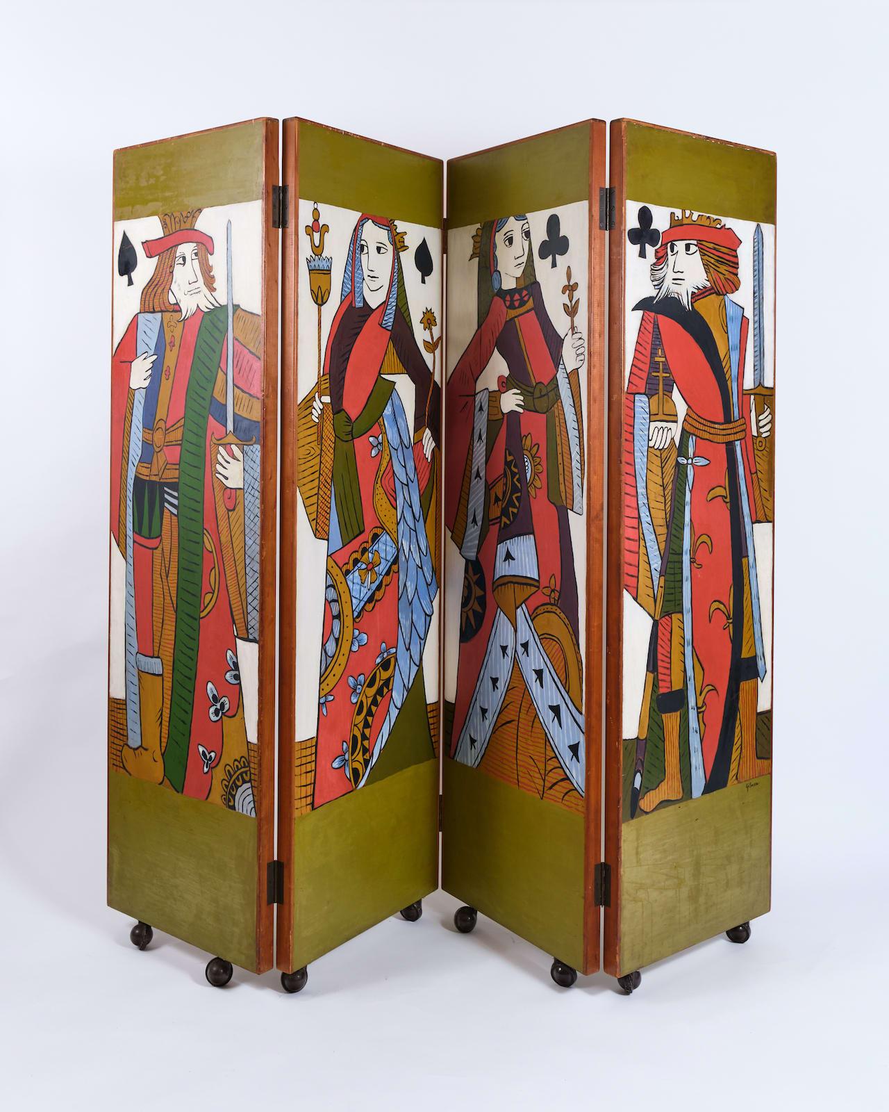 English Pack of Cards Screen with 4 Leaf Hand-Painted Wooden Panels In Good Condition In London, GB