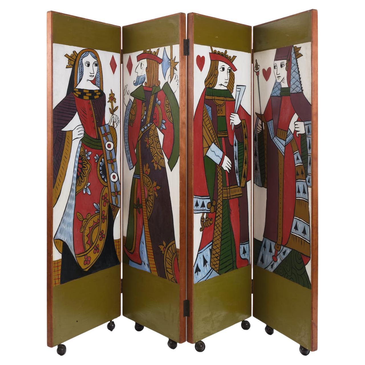 English Pack of Cards Screen with 4 Leaf Hand-Painted Wooden Panels