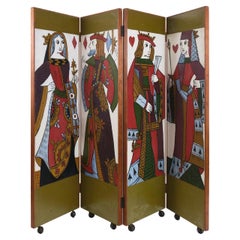 English Pack of Cards Screen with 4 Leaf Hand-Painted Wooden Panels