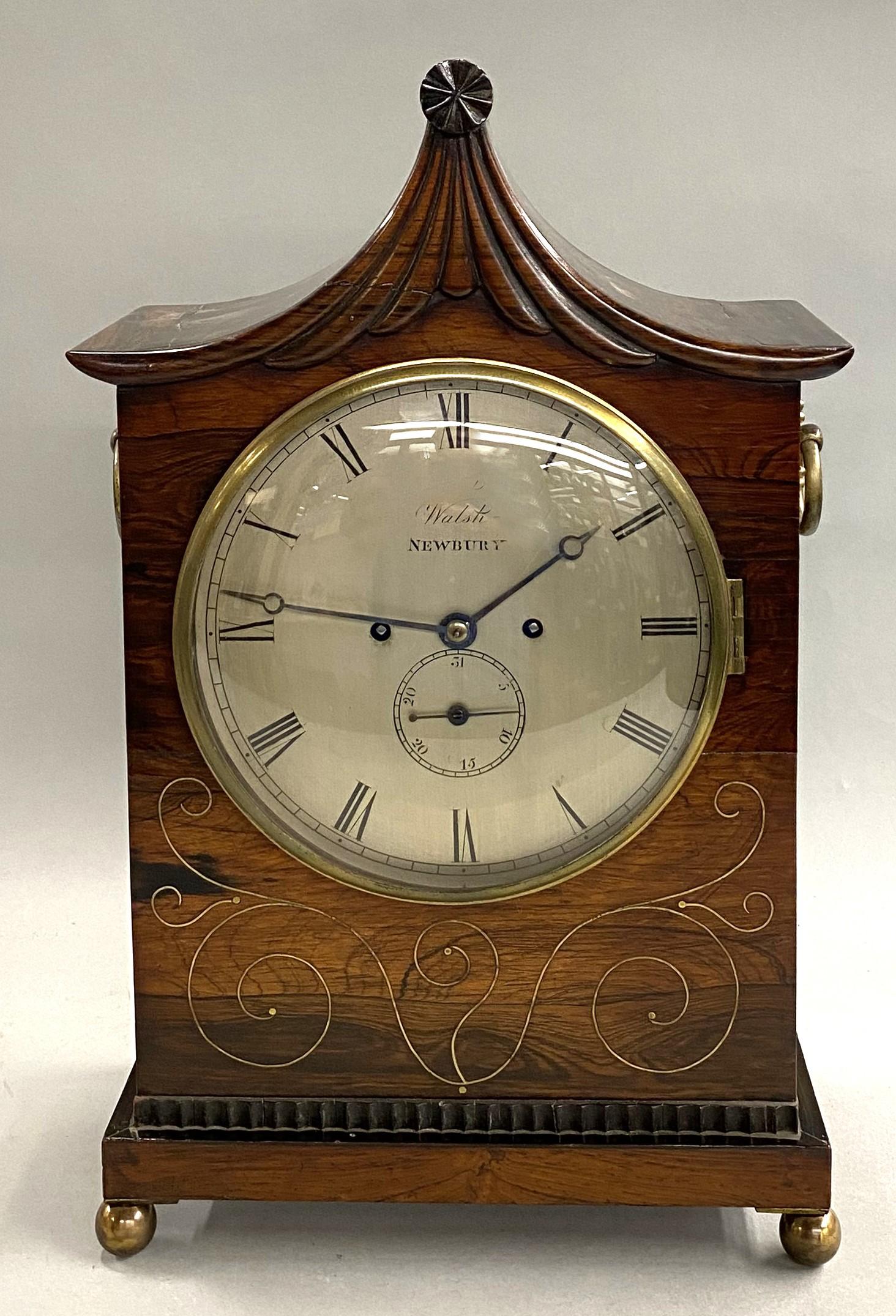 Brass English Pagoda Top Rosewood Bracket Clock by Walsh, Newbury  c 1825