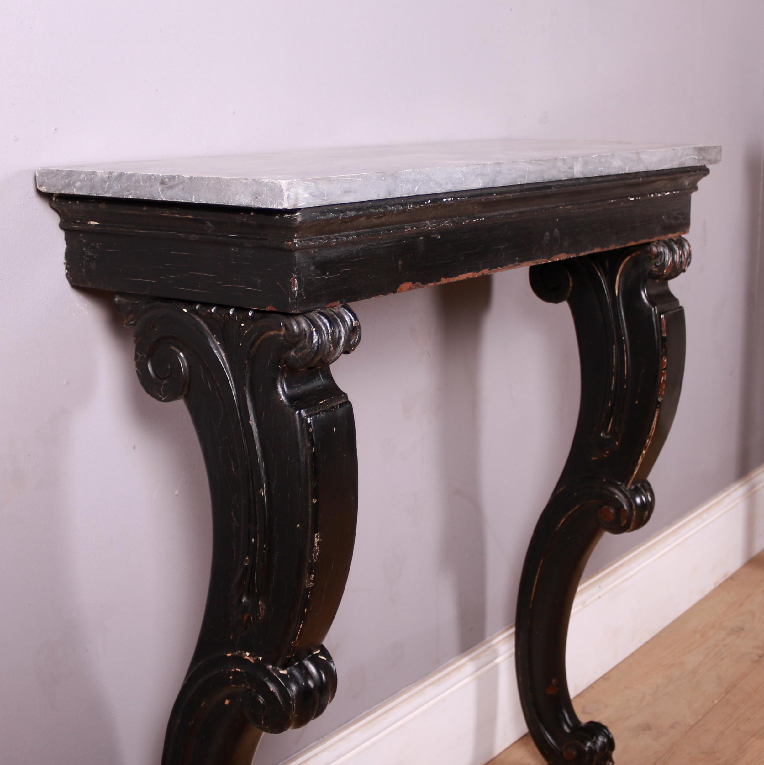 Small 19th C painted and carved wood console table with marble top. 1840.

Reference: 7440

Dimensions
34 inches (86 cms) Wide
12 inches (30 cms) Deep
34 inches (86 cms) High.