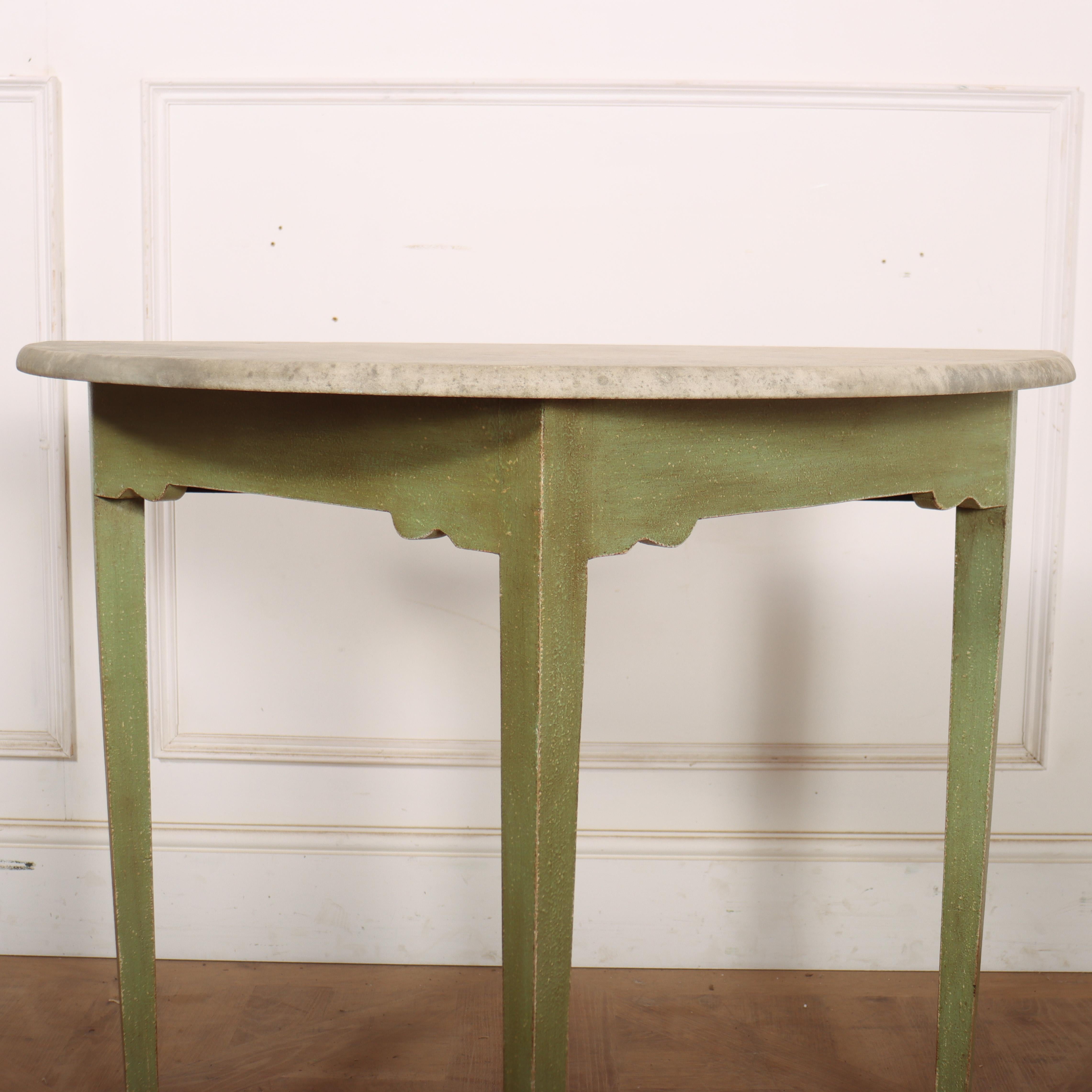 Small English marble topped painted pine demi-lune console table. 1890. 


Code: 9205

Dimensions:
W: 34.5