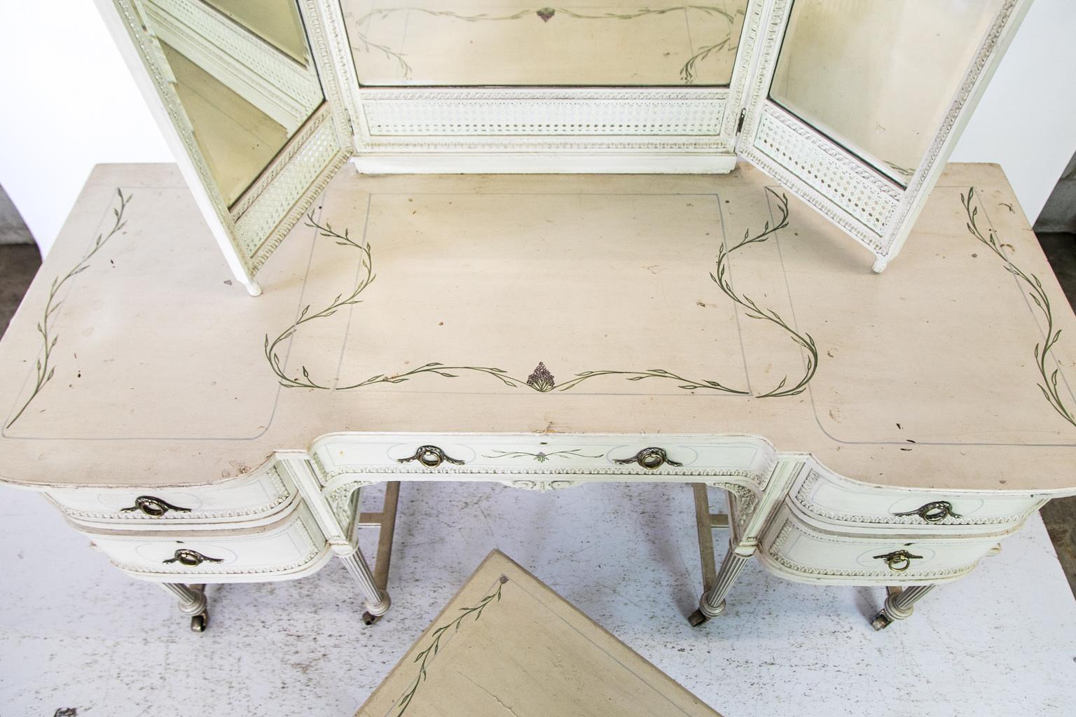 Beveled English Painted Dressing Table and Stool