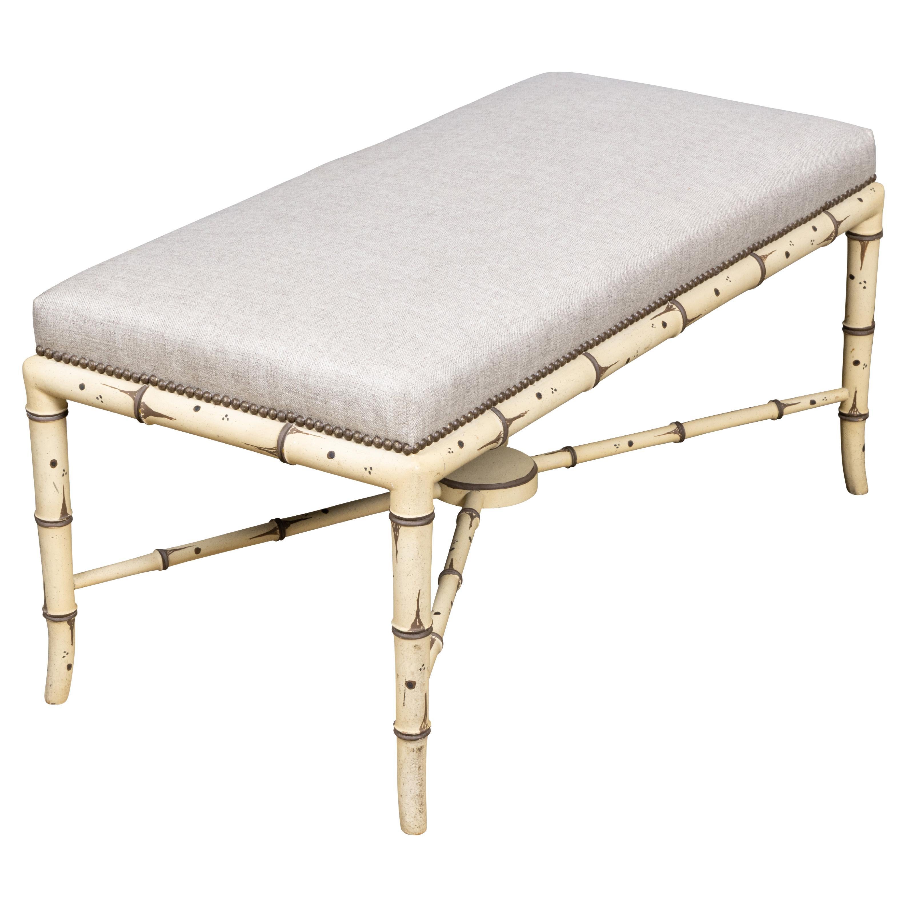 English Painted Faux Bamboo Upholstered Bench, Late 19th Century