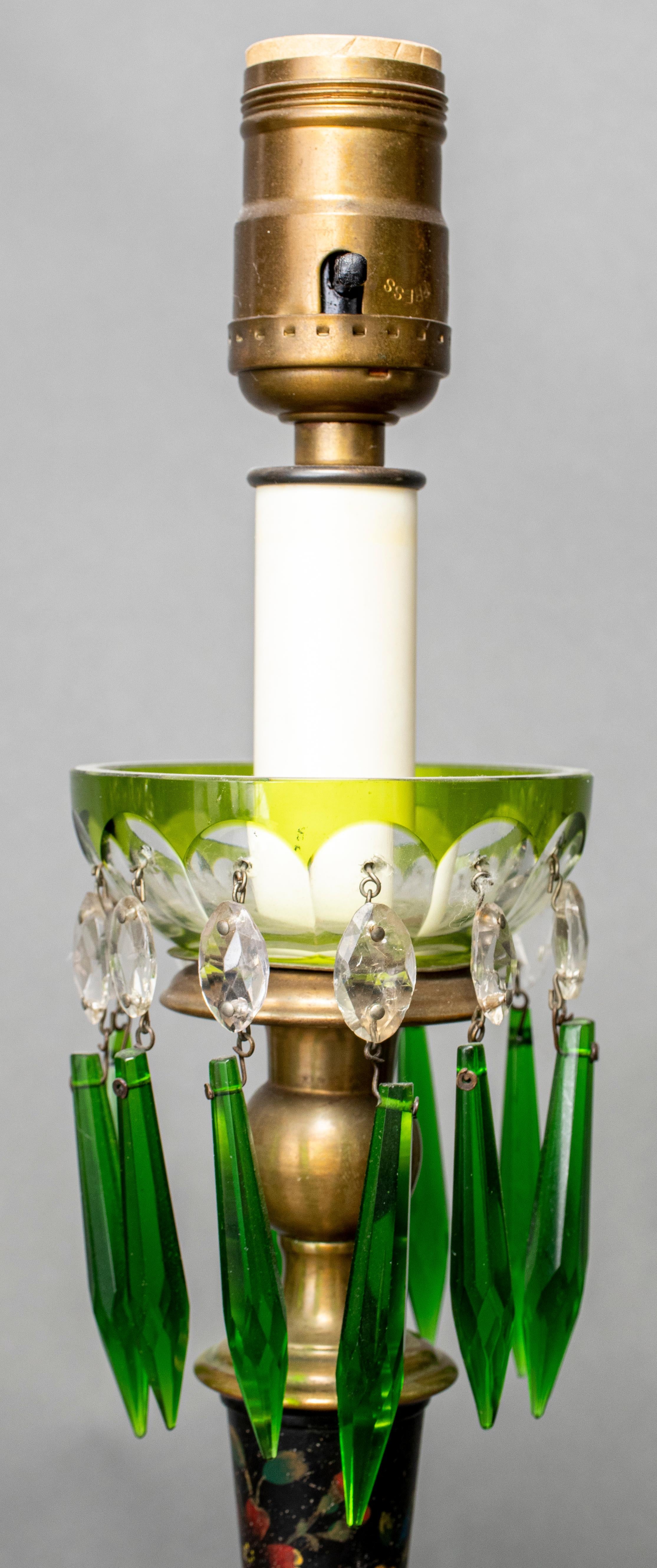 Victorian English Painted Green Glass Luster Lamps For Sale