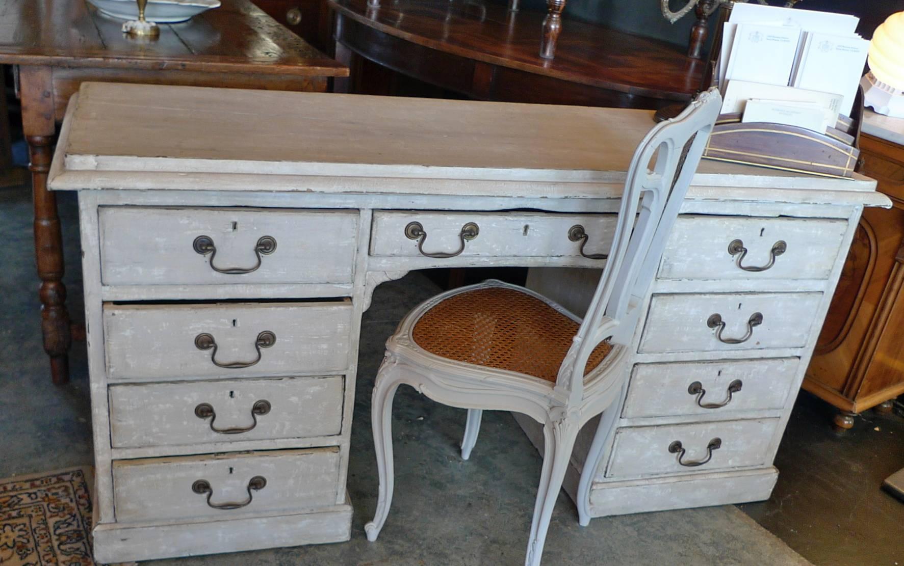 19th Century English Painted Knee-Hole Writing Desk with 9 Drawers and Original Hardware