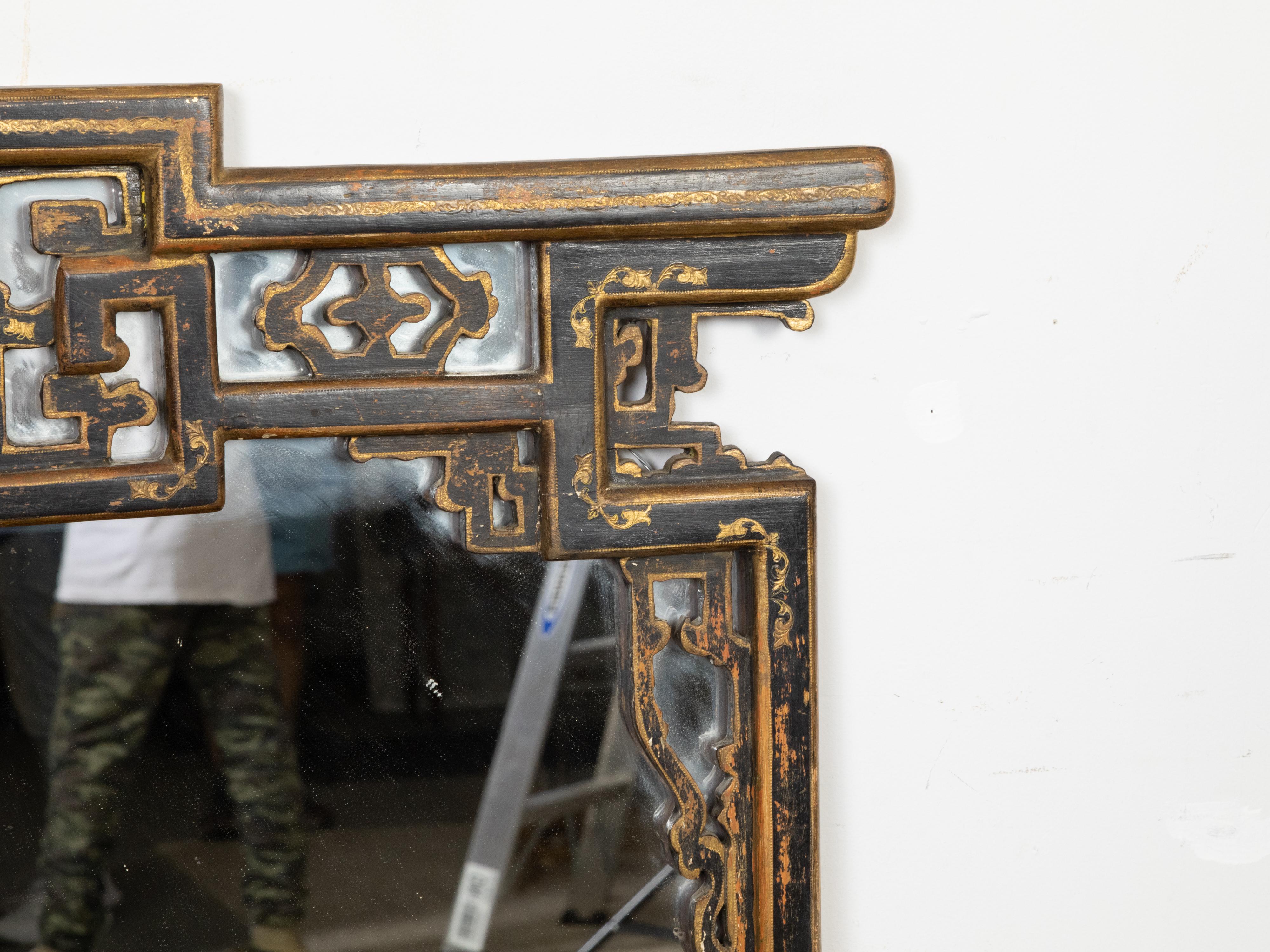 English Painted Mirror with Carved Crest and Chinoiserie Inspired Motifs For Sale 1