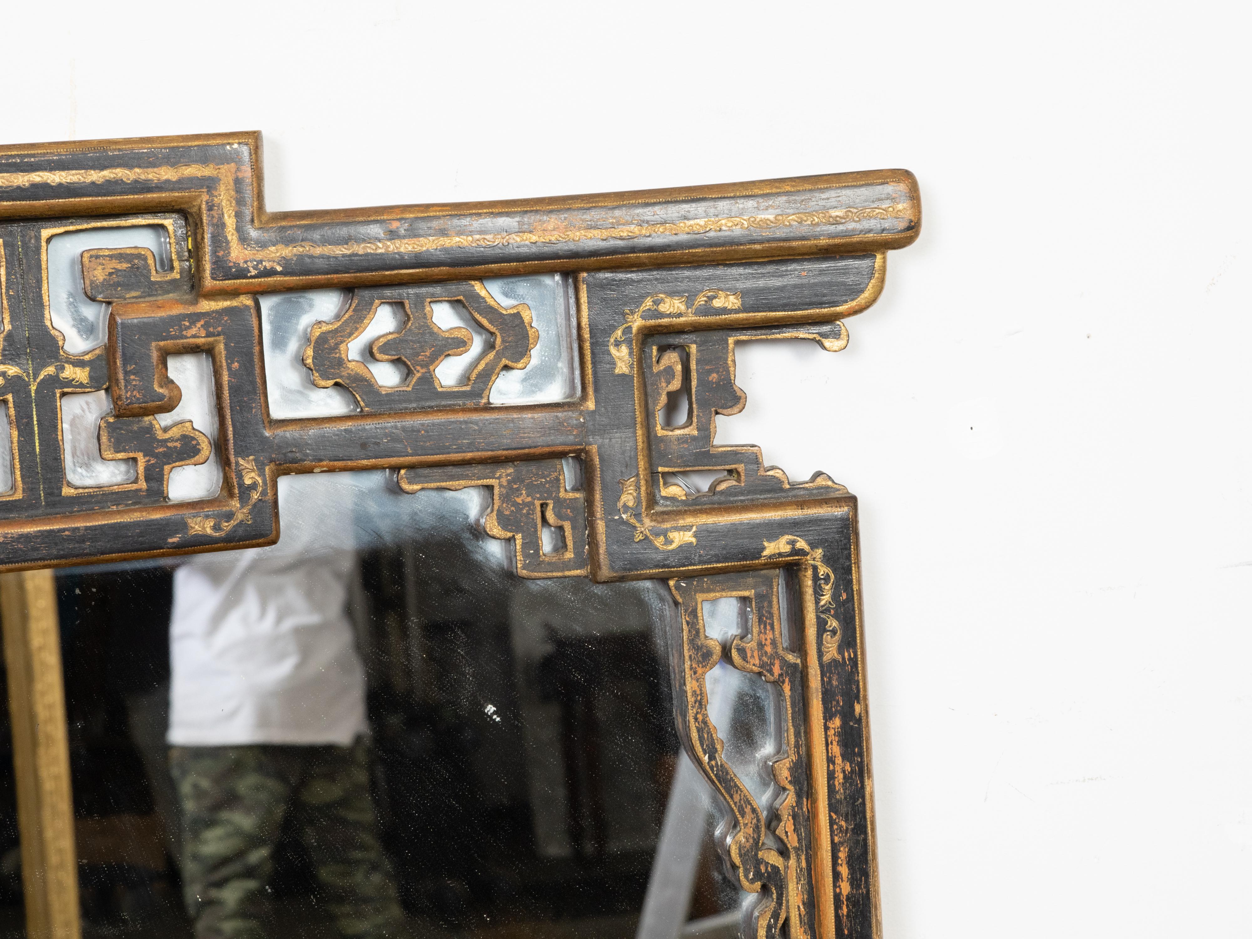 English Painted Mirror with Carved Crest and Chinoiserie Inspired Motifs For Sale 4