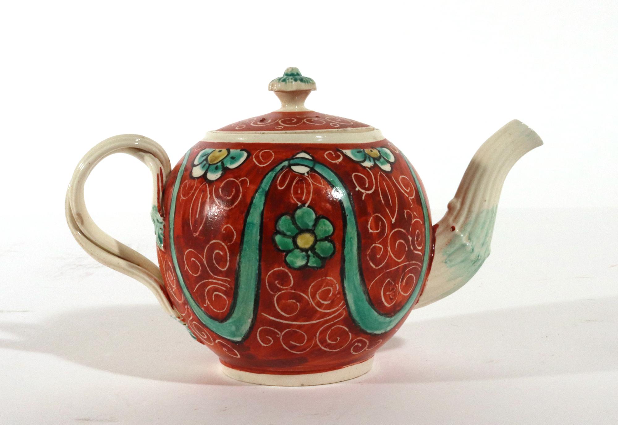 Late 18th Century English Painted Orange-ground Creamware Teapot and Cover For Sale