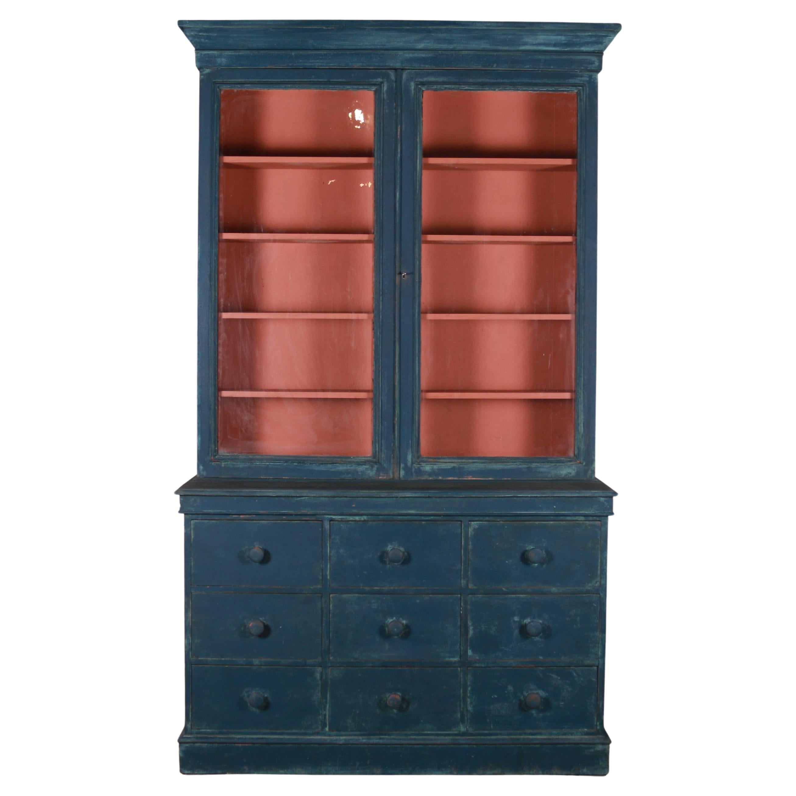 English Blue Painted Long Low Bookcase at 1stDibs