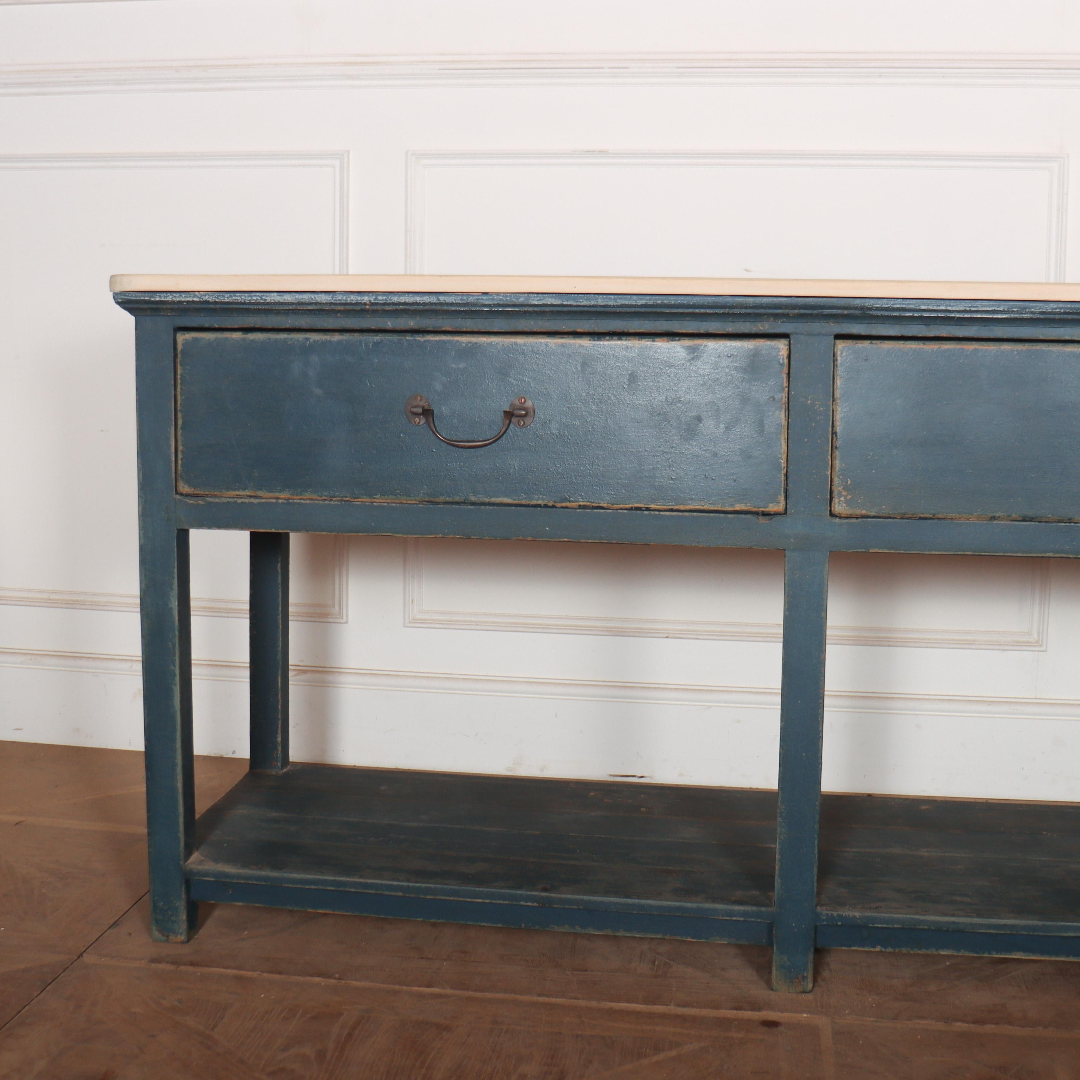 Large 19th C English painted pine potboard dresser base with a good scrubbed pine top. 1830.

Reference: 8270

Dimensions
96 inches (244 cms) Wide
21 inches (53 cms) Deep
33 inches (84 cms) High
