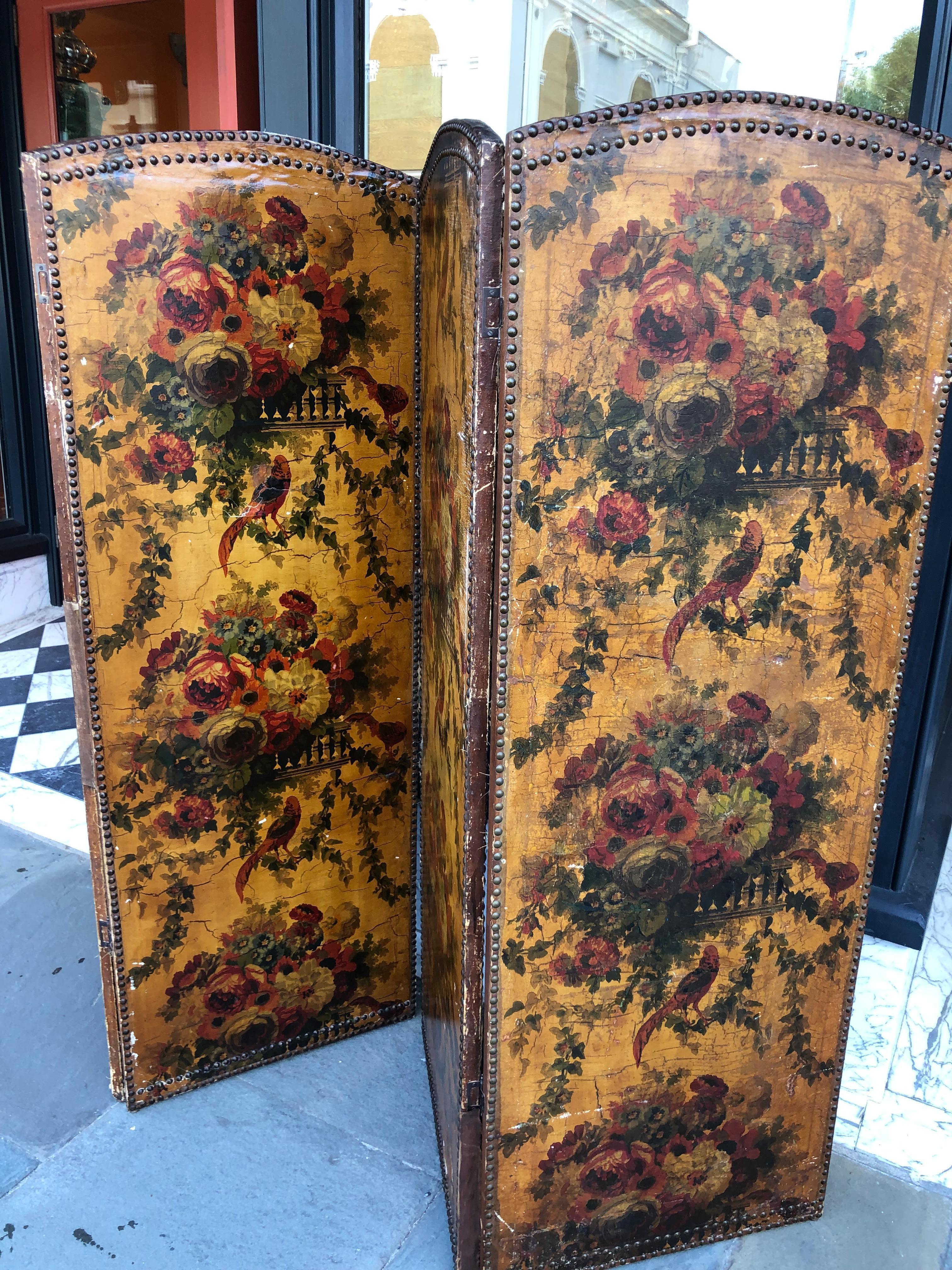 20th Century English Painted Screen with Bird and Flower Motif