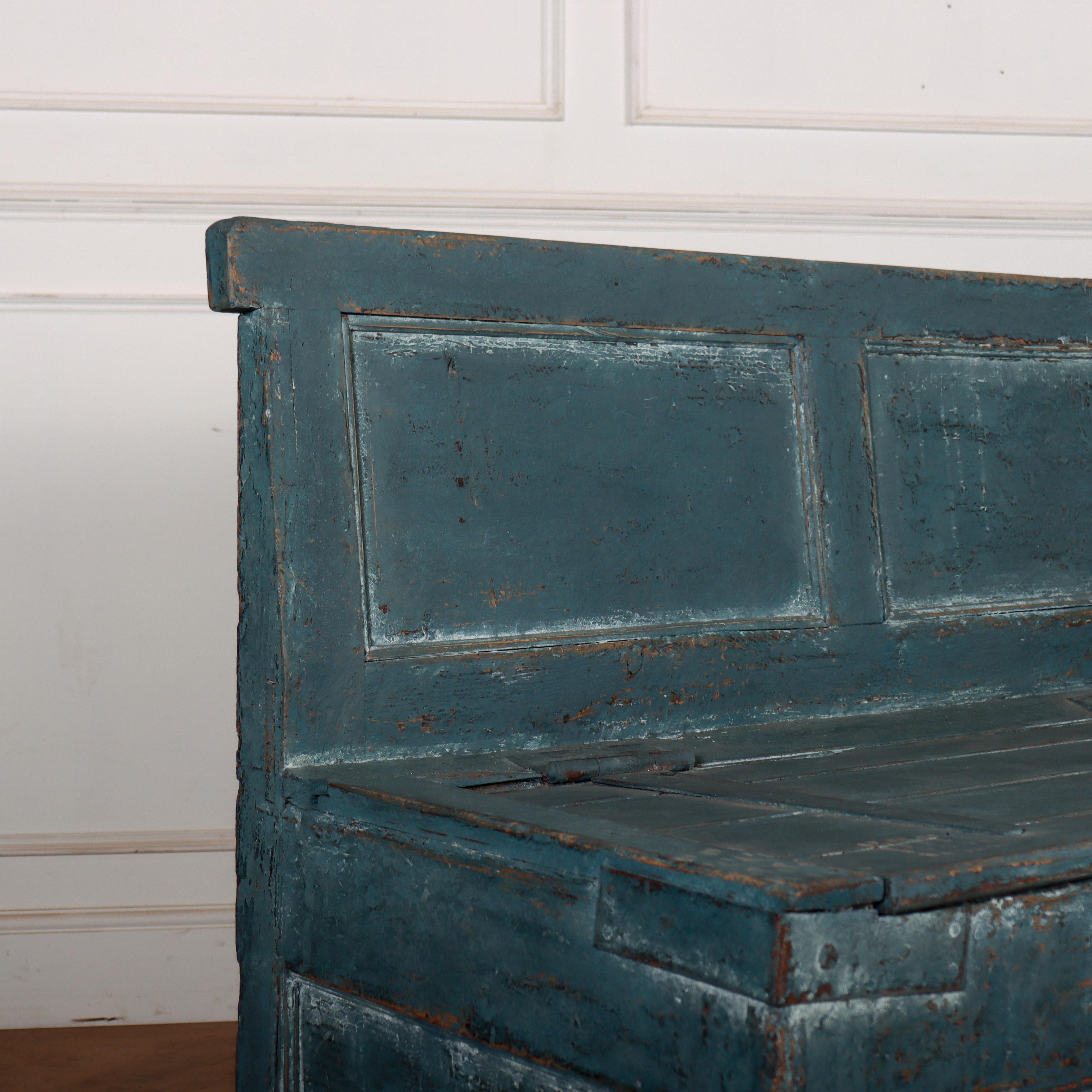 Lovely 19th C English painted pine storage bench from the stables of a large country house. 1880.

Seat height is 23.5