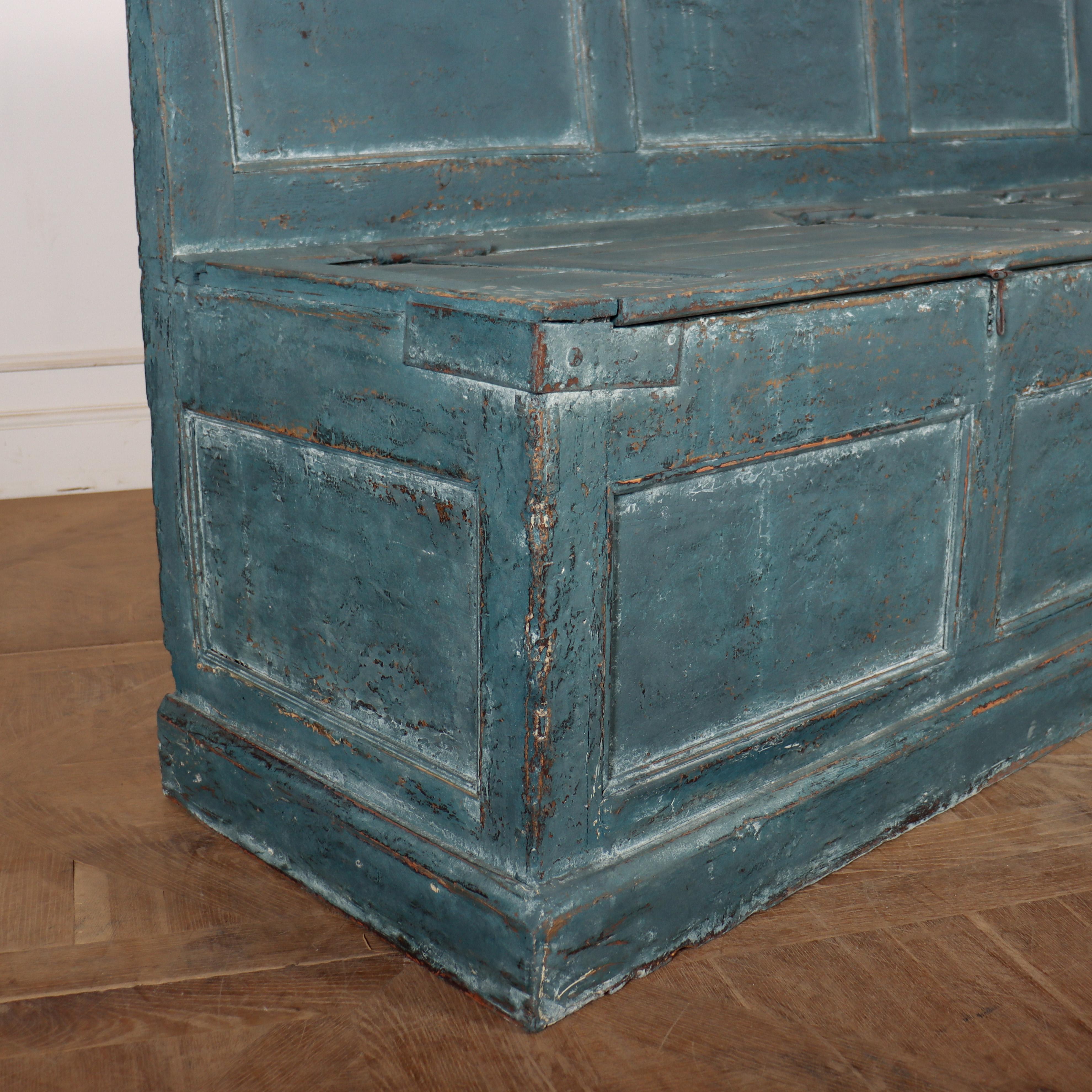 Lovely 19th C English painted pine storage bench from the stables of a large country house. 1880.

Seat height is 23.5