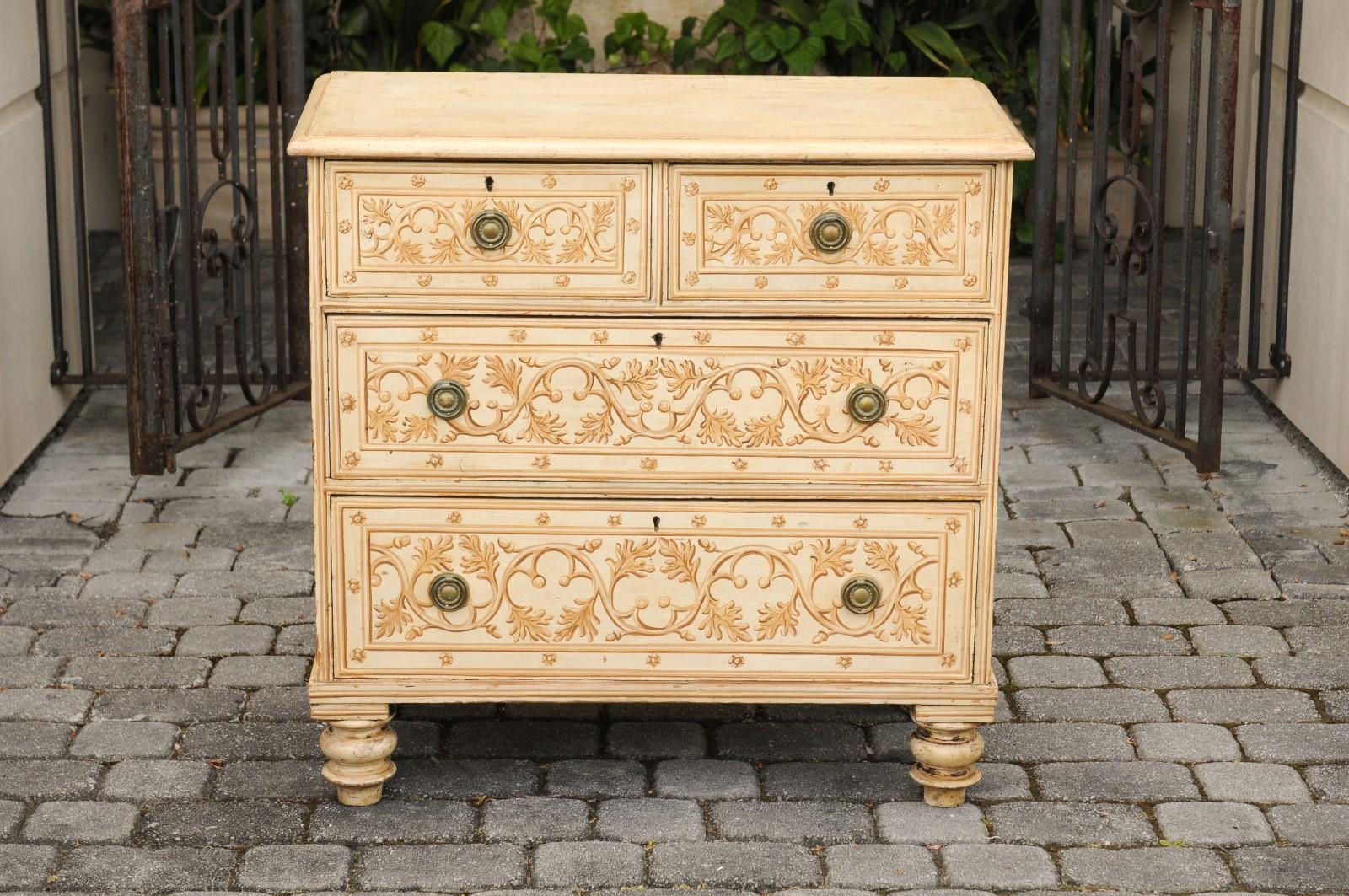 English Painted Wood Four-Drawer Commode with Scrollwork Motifs, circa 1880 For Sale 1