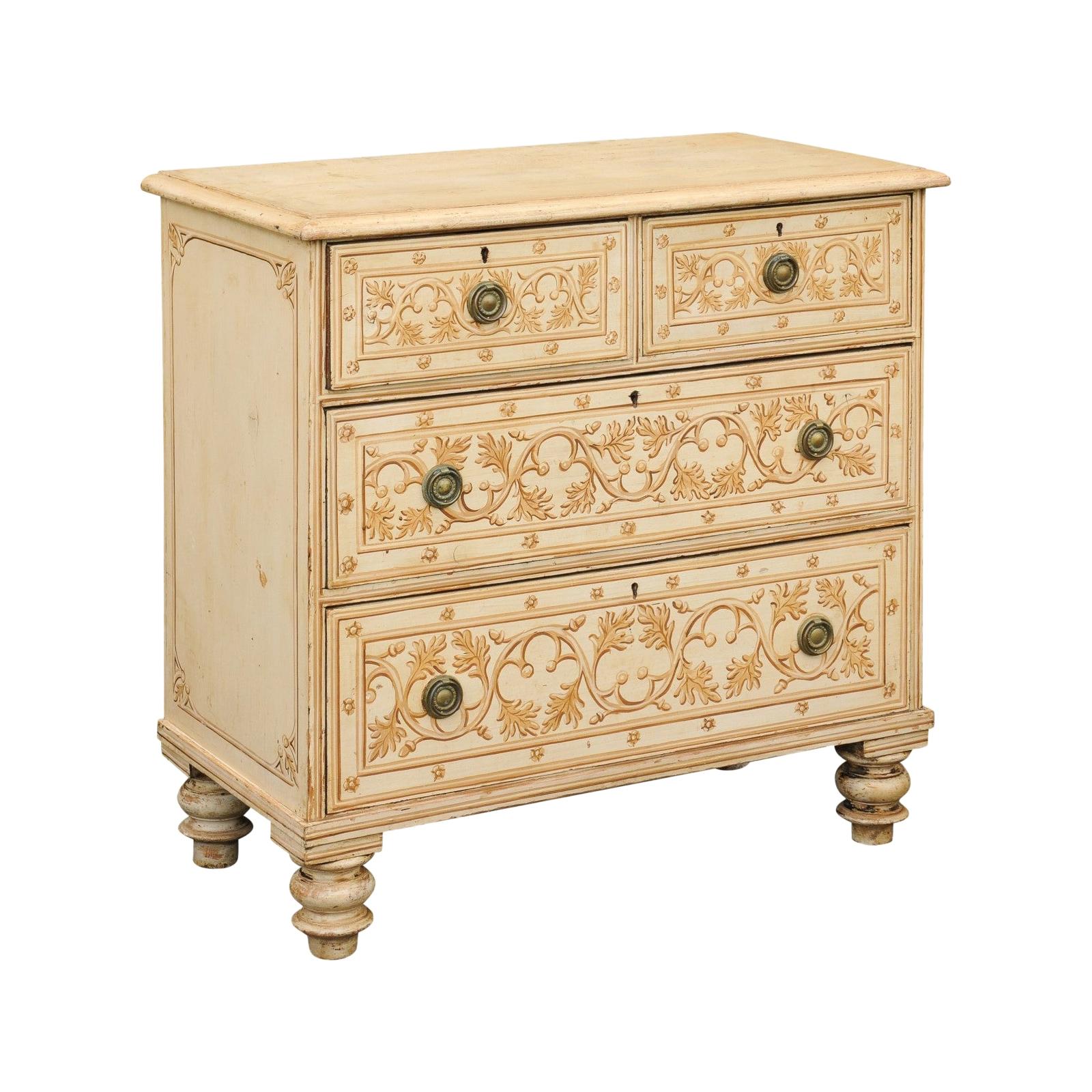 English Painted Wood Four-Drawer Commode with Scrollwork Motifs, circa 1880 For Sale