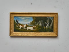 English Painting of Hunting Scene with Pointer Dogs and Sportsman in Landscape