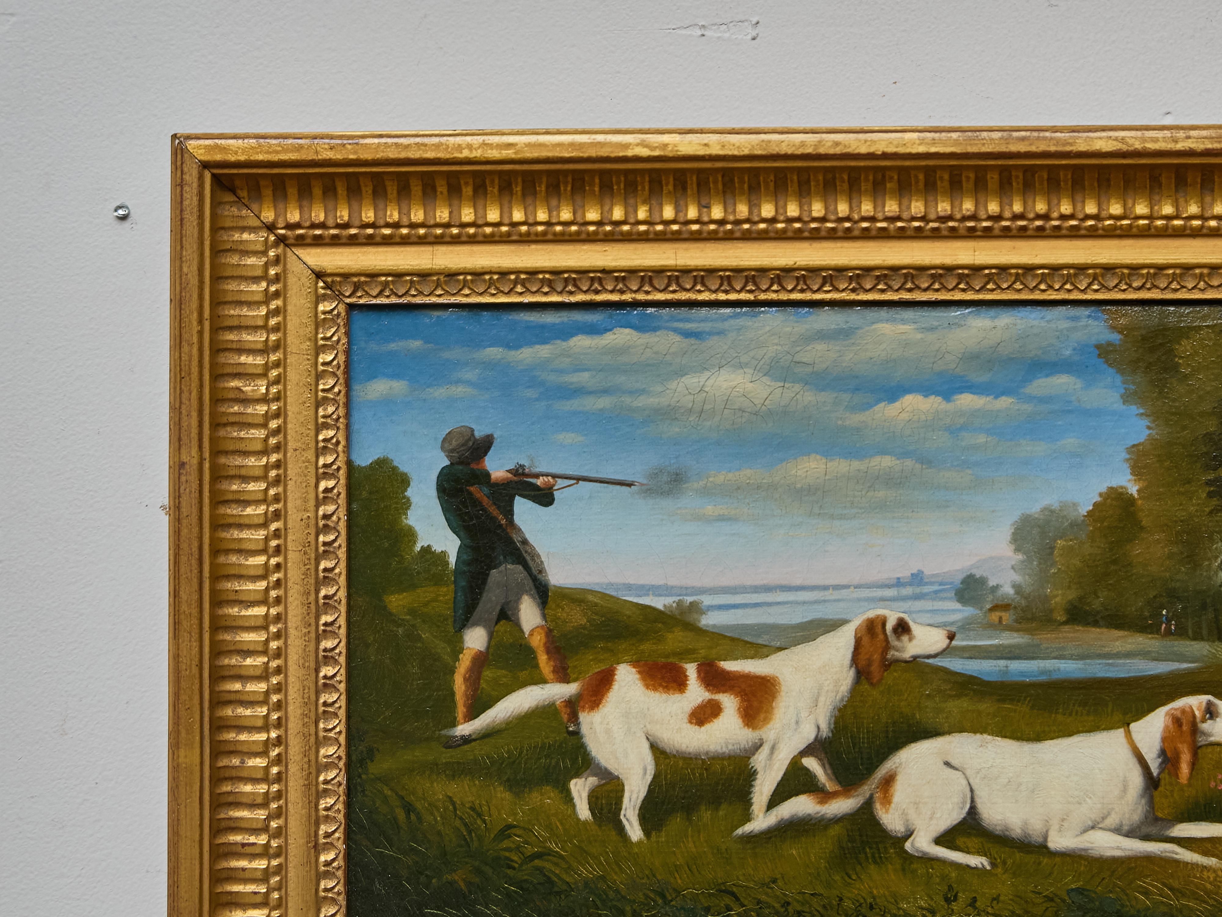 Englisches Gemälde einer Jagdsszene mit spitzen Hunden und Sportler in Landschaft im Zustand „Gut“ im Angebot in Atlanta, GA