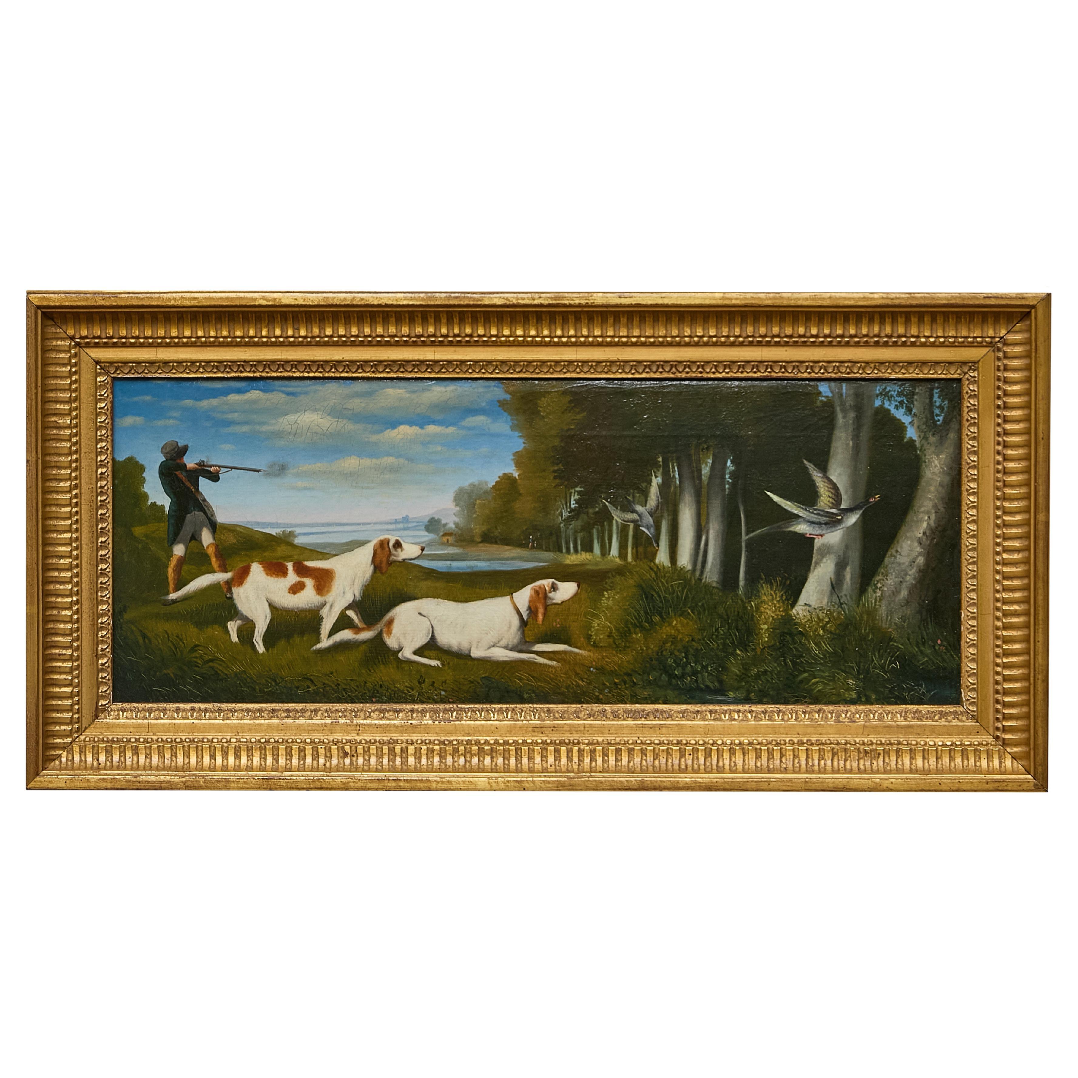 Quadro inglese con scena di caccia con cani pointer e sportivo in un paesaggio