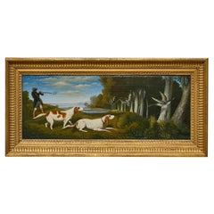 Antique English Painting of Hunting Scene with Pointer Dogs and Sportsman in Landscape