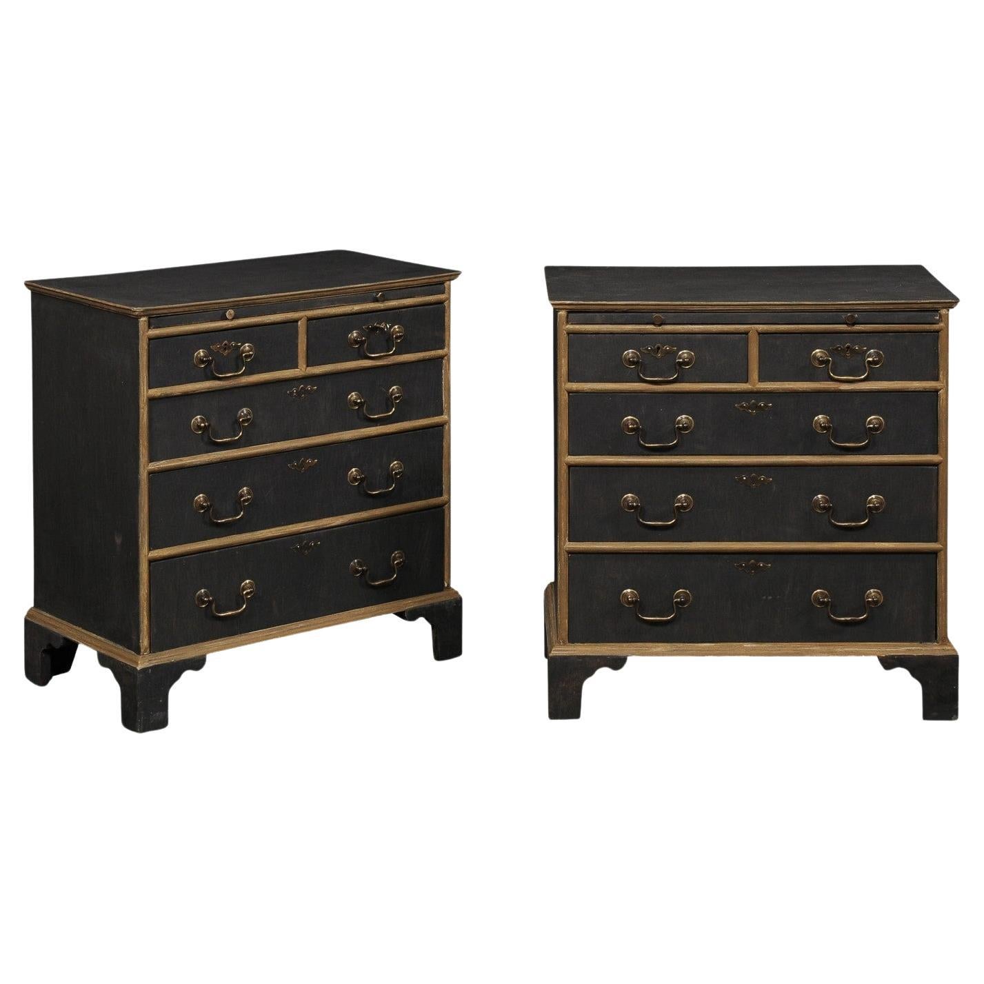English Pair Black & Gold Side Chests w/Pull Out Shelf, Mid 20th C.