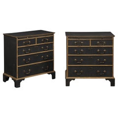 English Pair Black & Gold Side Chests w/Pull Out Shelf, Mid 20th C.