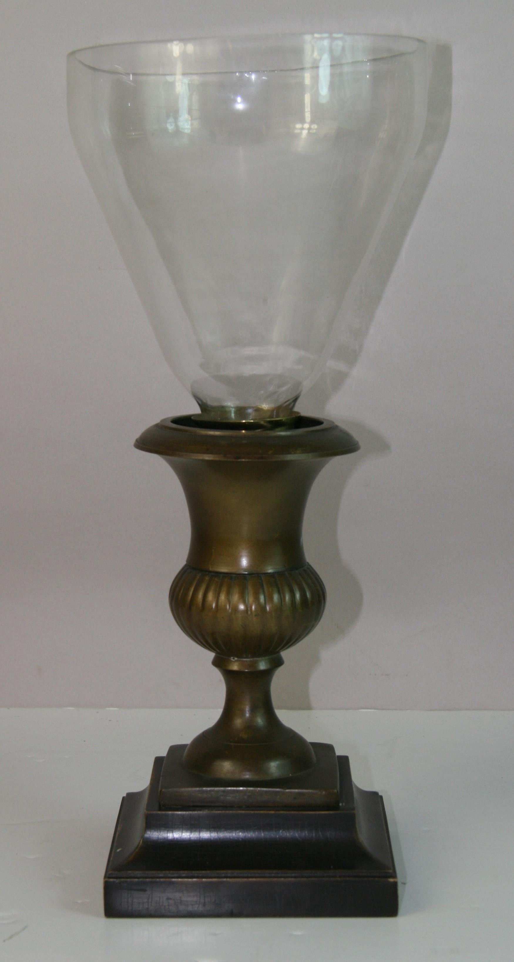 1718 English pair hurricane candle lamps with brass urn and wood base