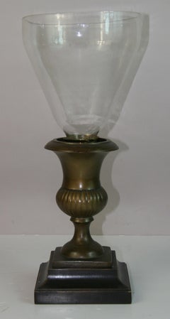 English Pair Brass  and Glass Hurricane Candle Lamps