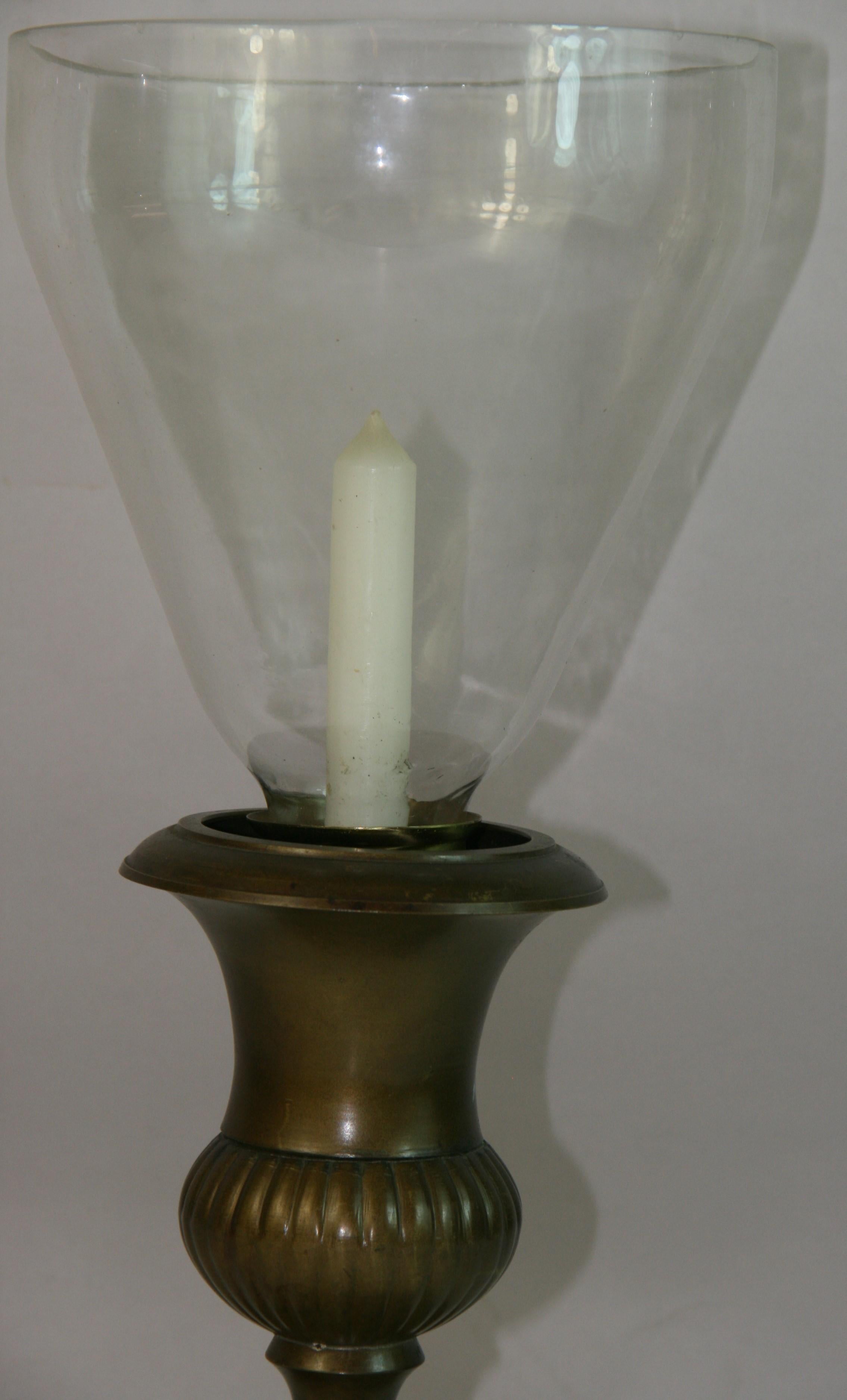 English Pair Brass  and Glass Hurricane Candle Lamps In Good Condition For Sale In Douglas Manor, NY
