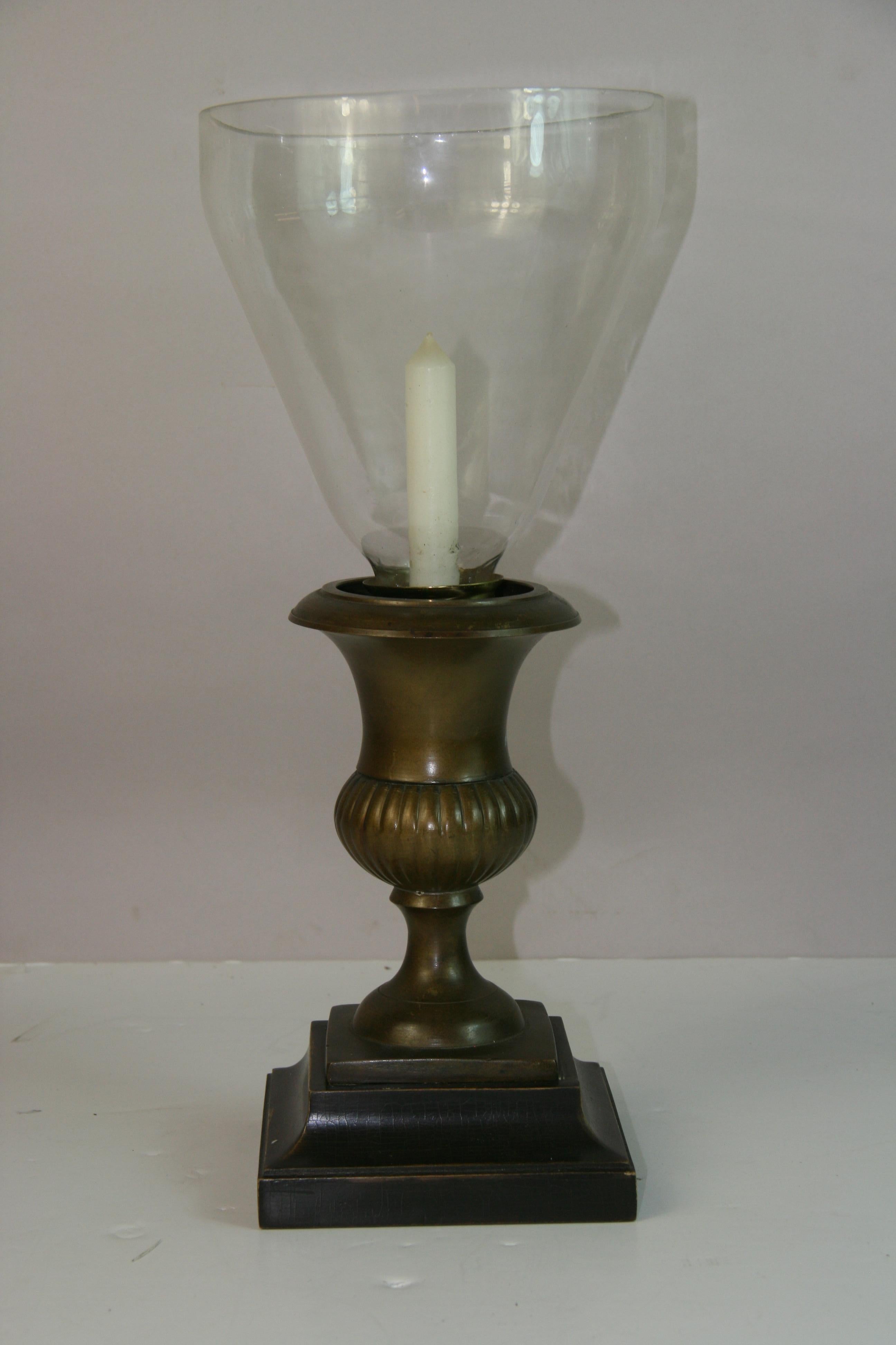 Mid-20th Century English Pair Brass  and Glass Hurricane Candle Lamps For Sale