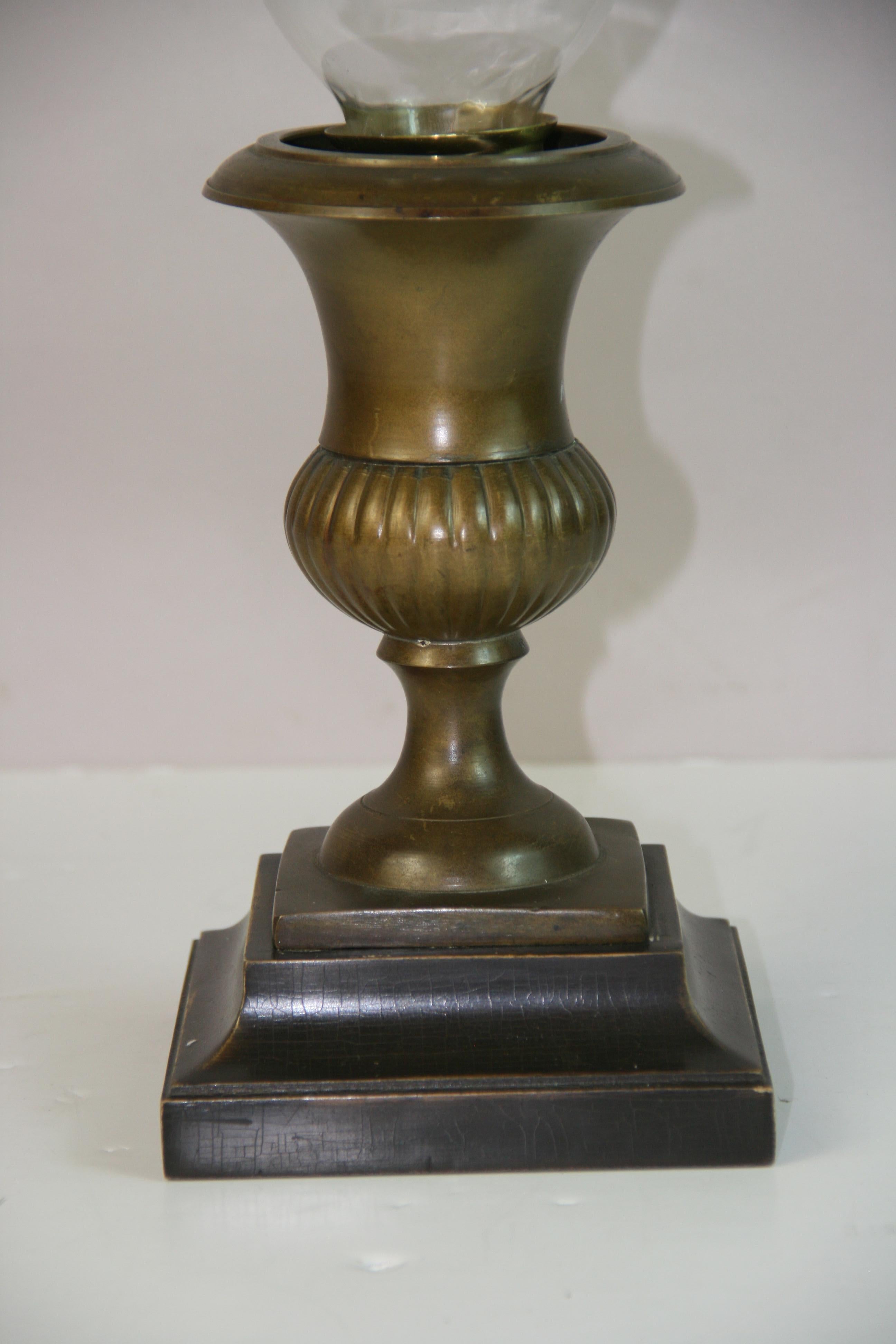English Pair Brass  and Glass Hurricane Candle Lamps For Sale 1