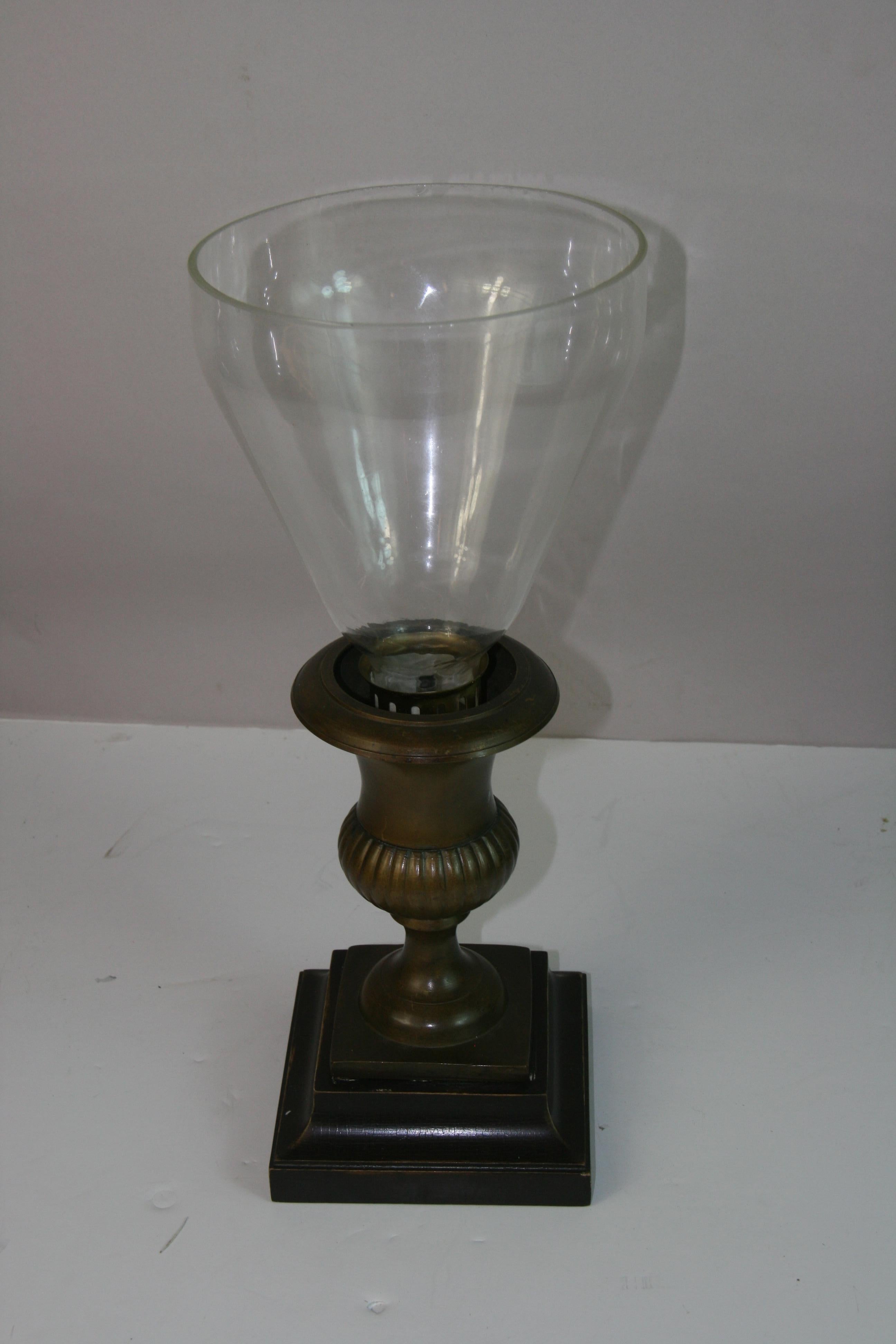 English Pair Brass  and Glass Hurricane Candle Lamps For Sale 2
