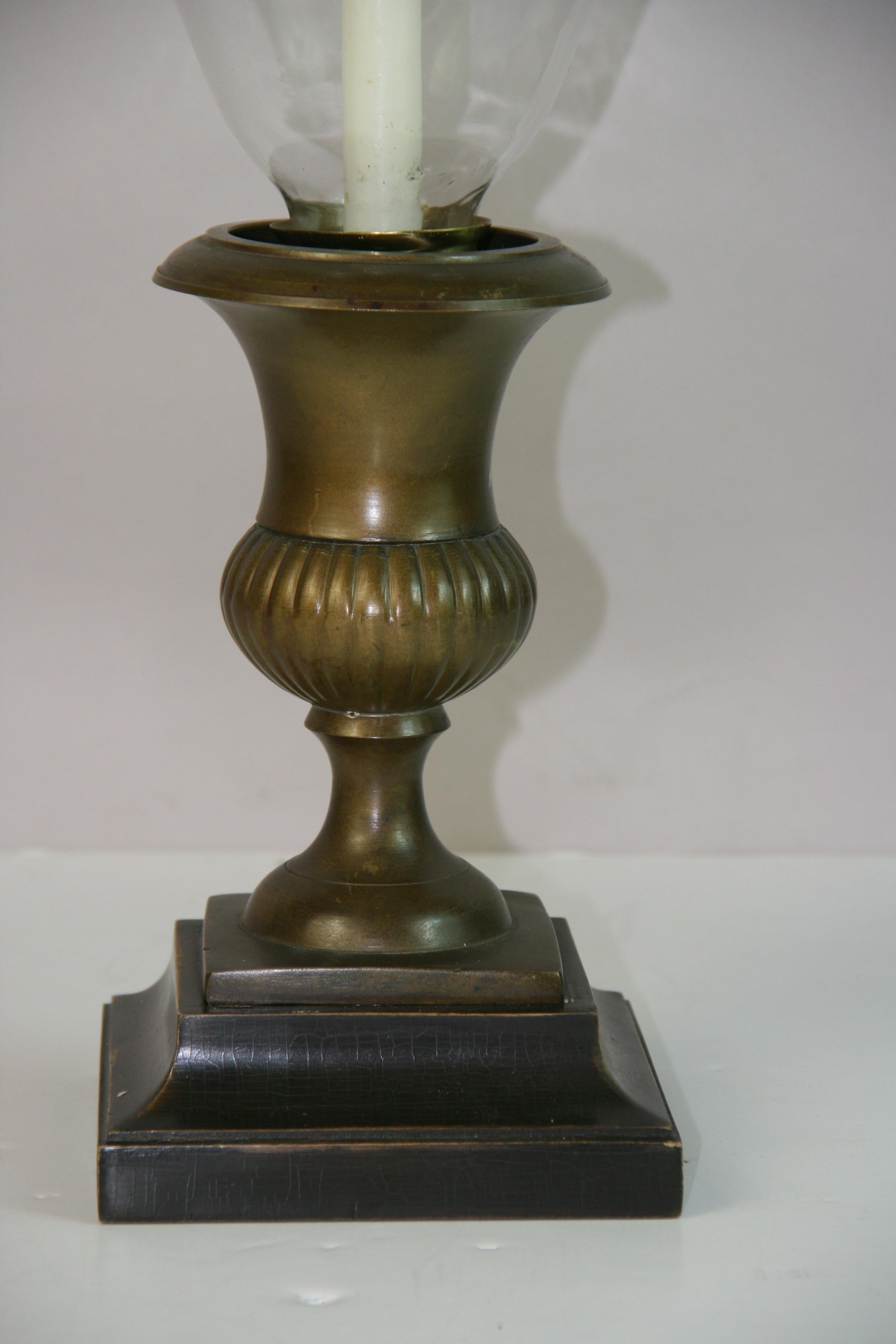 English Pair Brass  and Glass Hurricane Candle Lamps For Sale 3