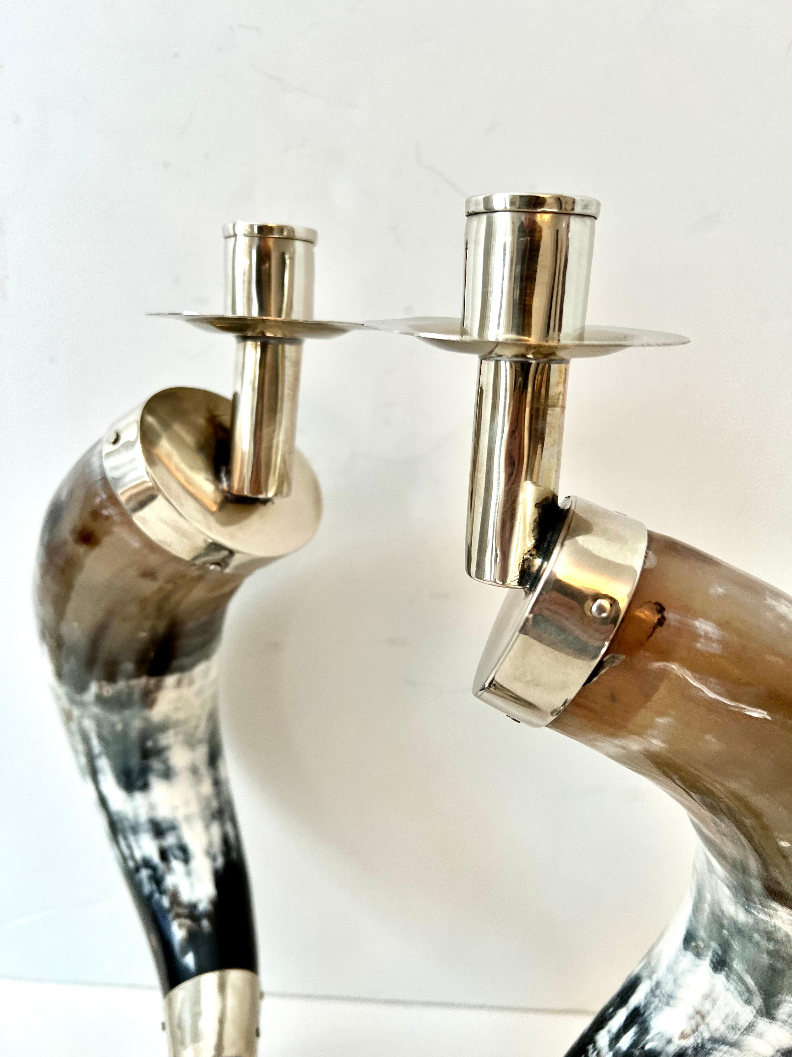 English Pair Candlesticks Horn and Silver Plate Base and Hand Made Fittings For Sale 4