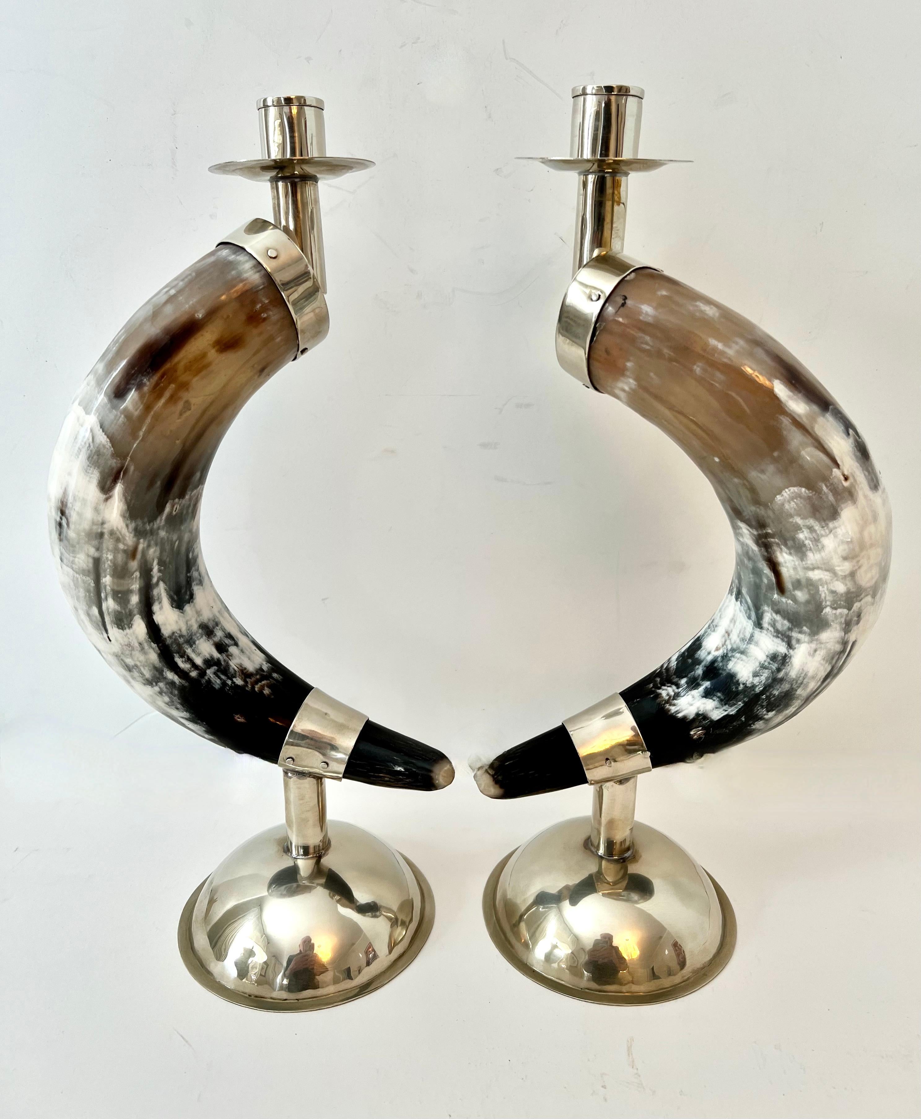 English Pair Candlesticks Horn and Silver Plate Base and Hand Made Fittings For Sale 5