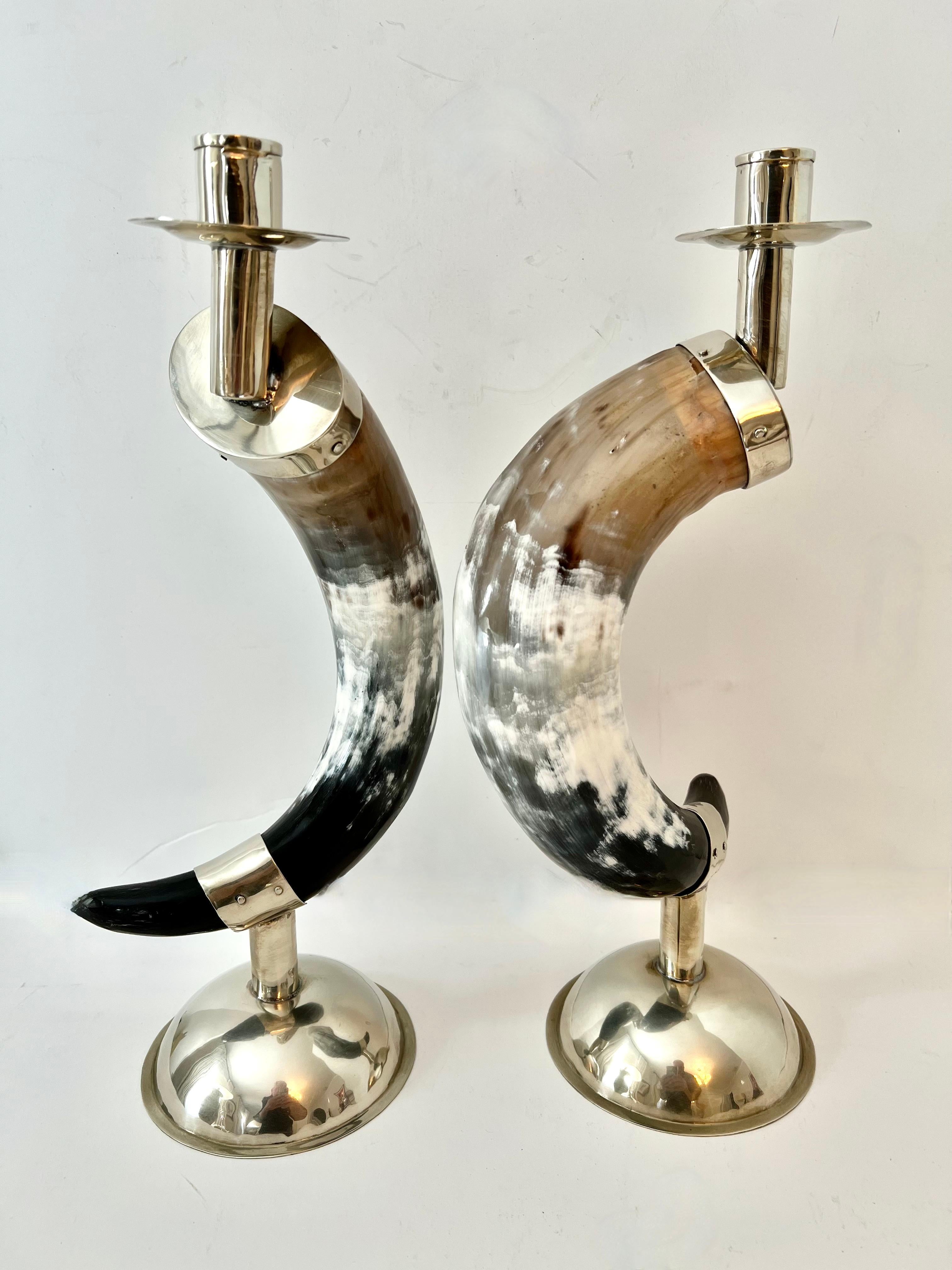 English Pair Candlesticks Horn and Silver Plate Base and Hand Made Fittings For Sale 6