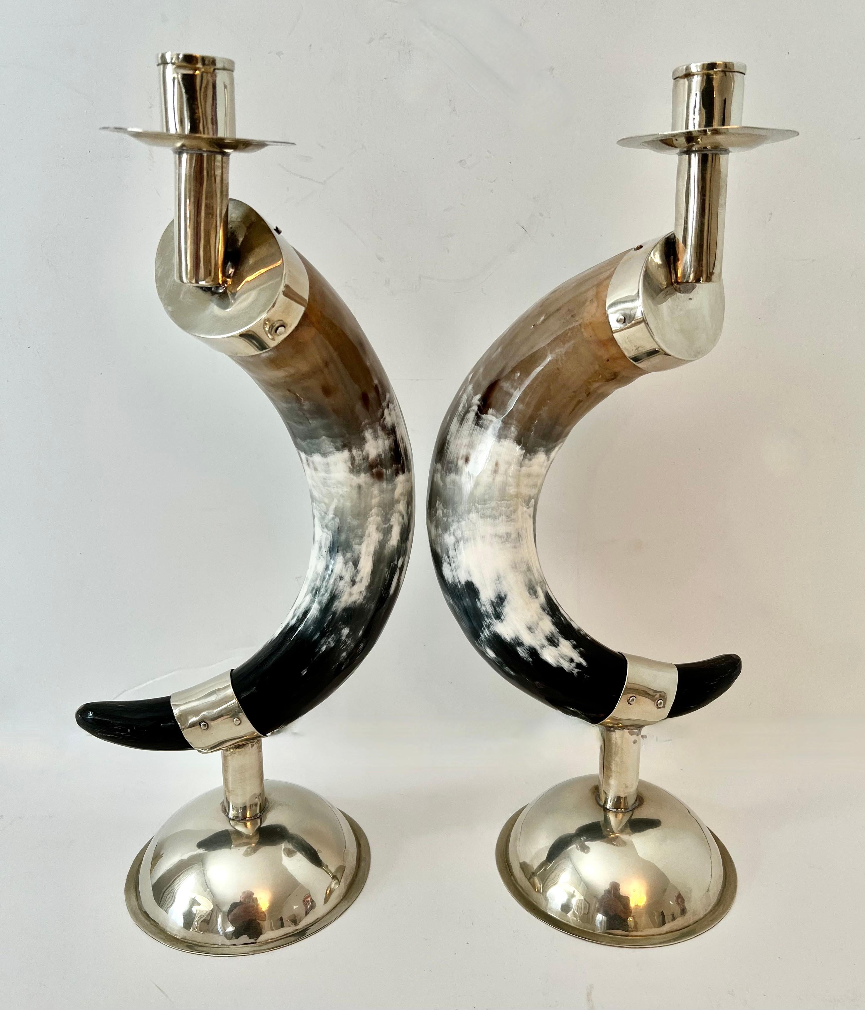 English Pair Candlesticks Horn and Silver Plate Base and Hand Made Fittings For Sale 7