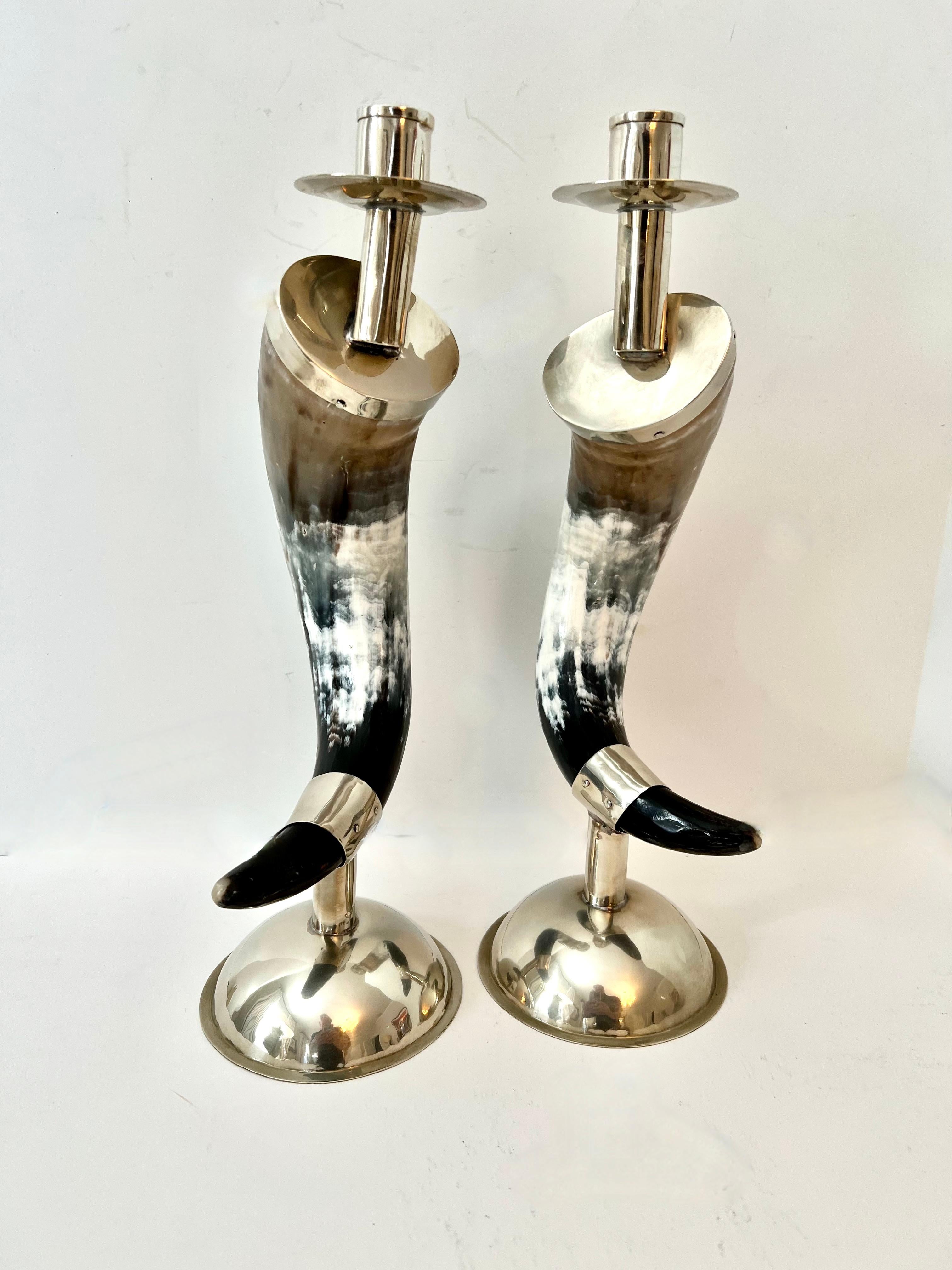 English Pair Candlesticks Horn and Silver Plate Base and Hand Made Fittings For Sale 8