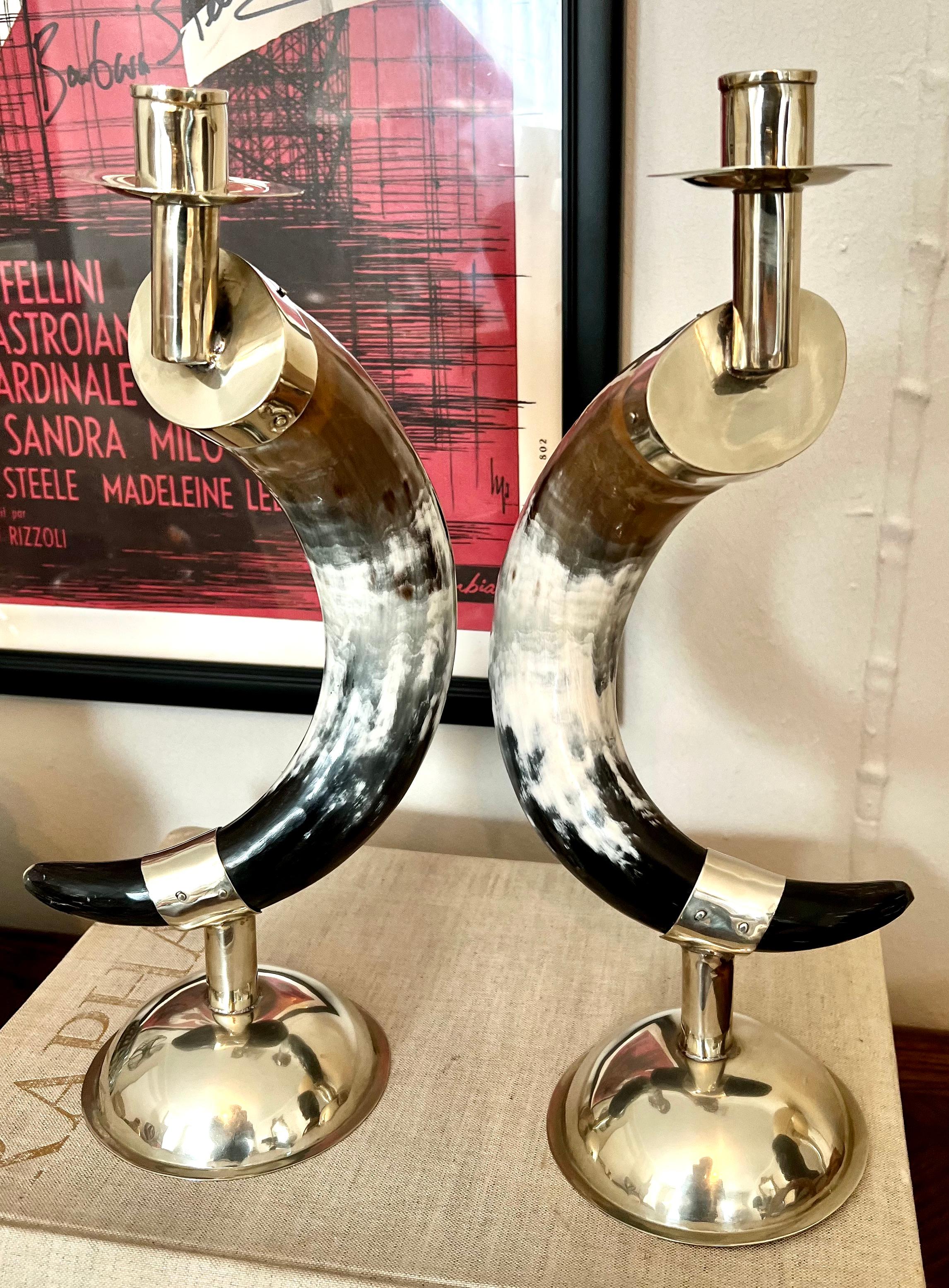 English Pair Candlesticks Horn and Silver Plate Base and Hand Made Fittings For Sale 9