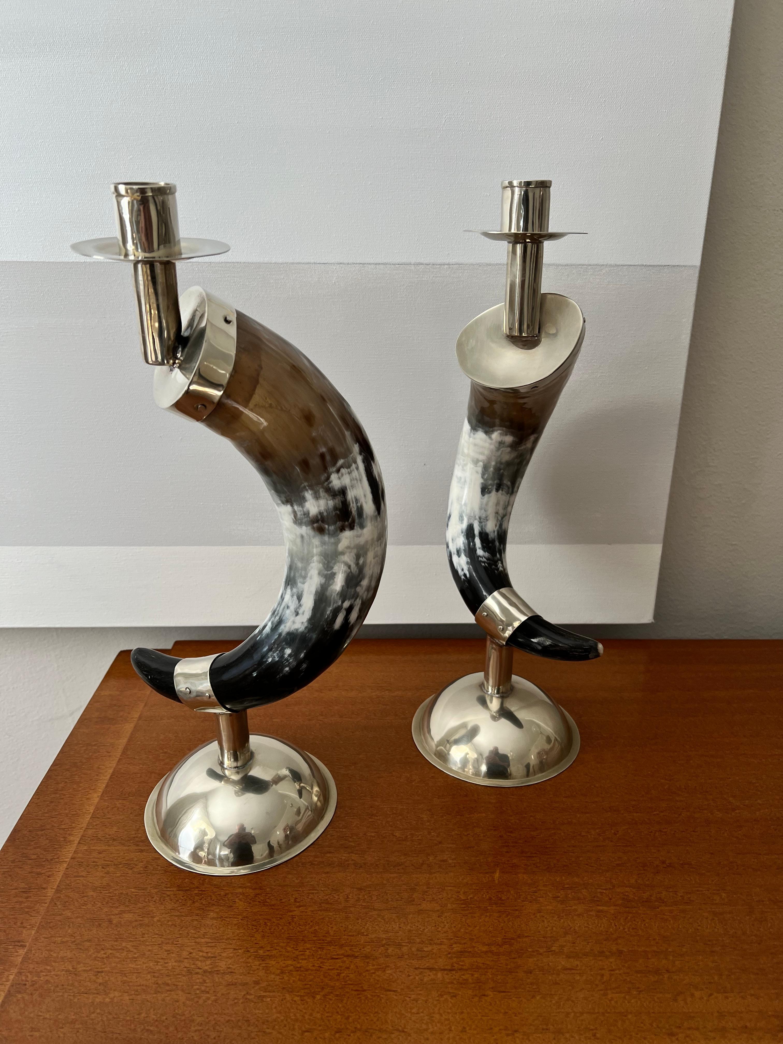 Rustic English Pair Candlesticks Horn and Silver Plate Base and Hand Made Fittings For Sale