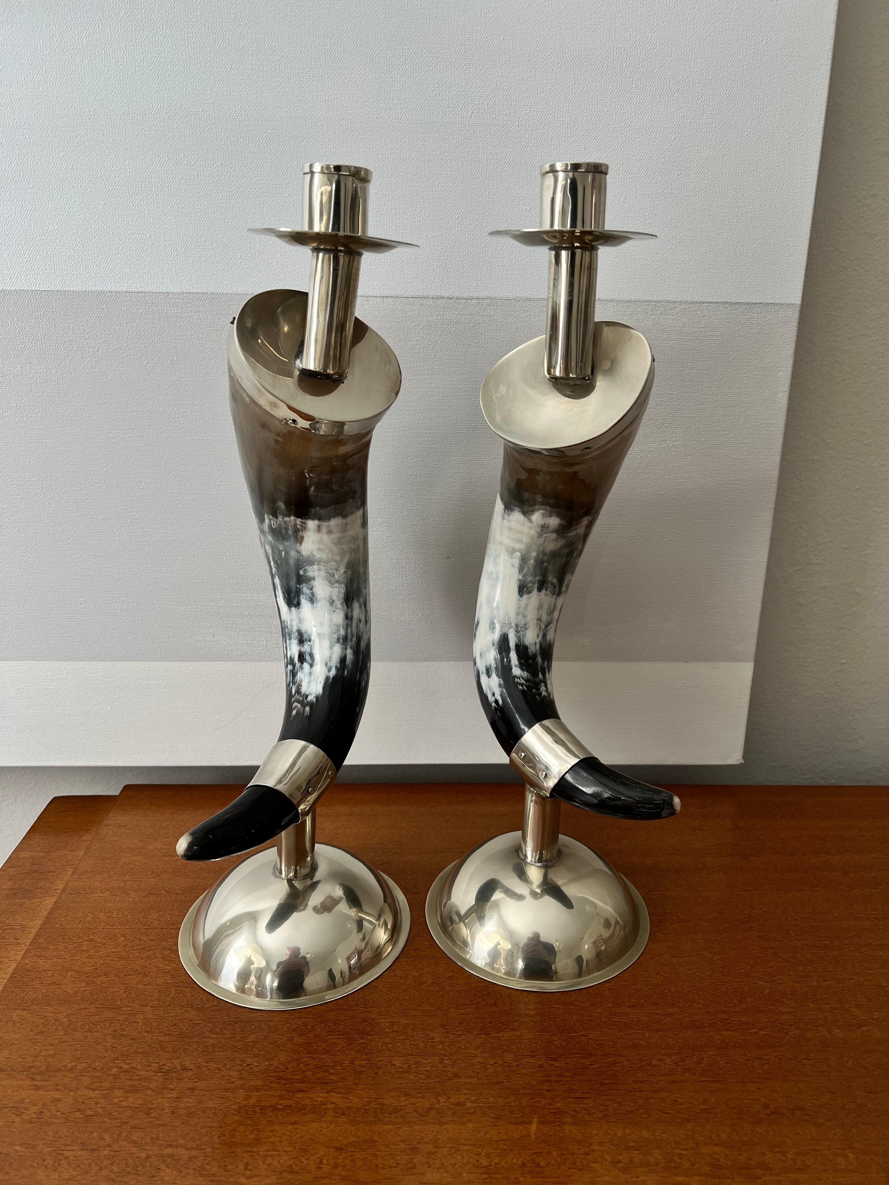 Hand-Crafted English Pair Candlesticks Horn and Silver Plate Base and Hand Made Fittings For Sale