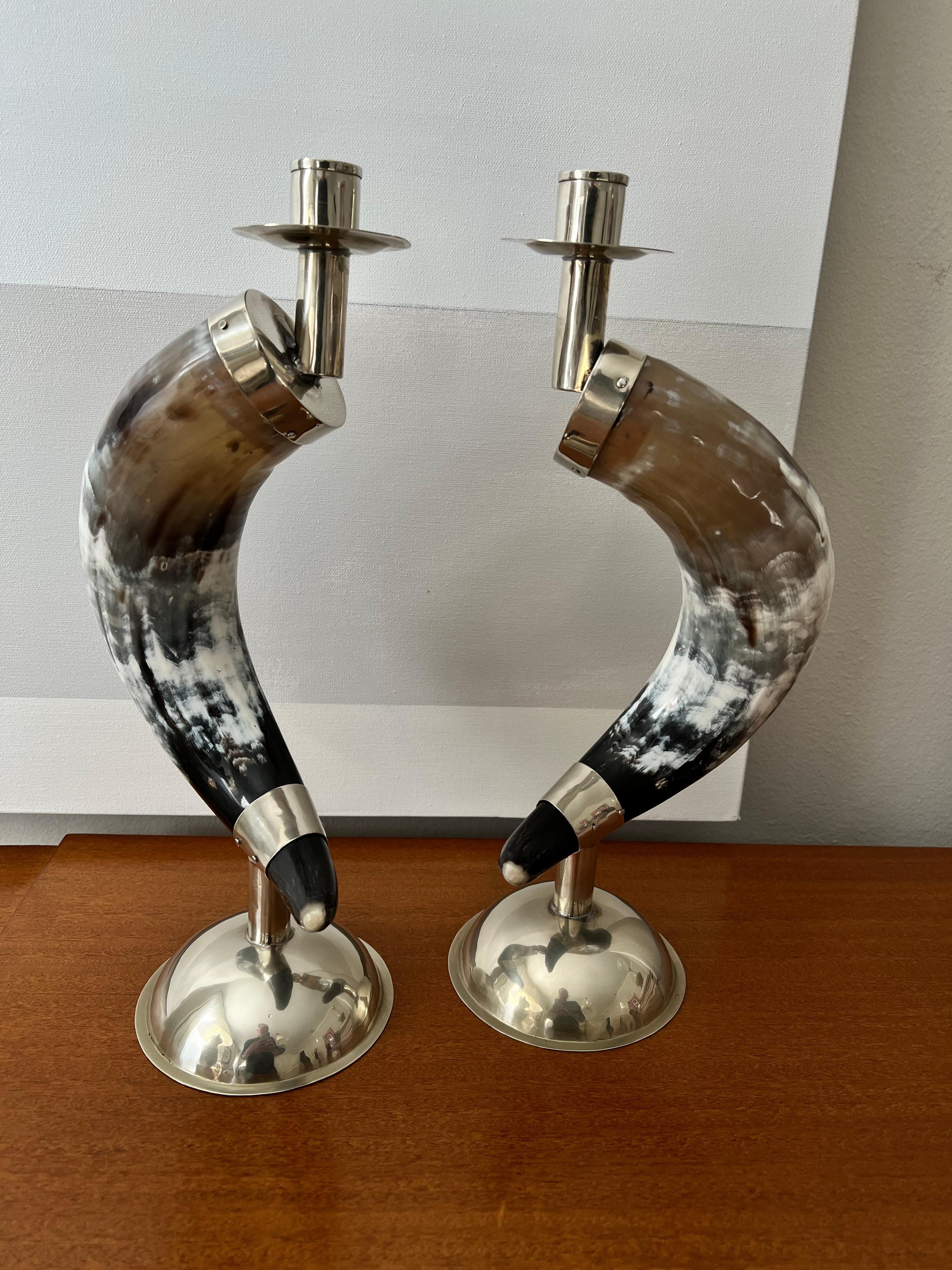 English Pair Candlesticks Horn and Silver Plate Base and Hand Made Fittings In Good Condition For Sale In Los Angeles, CA